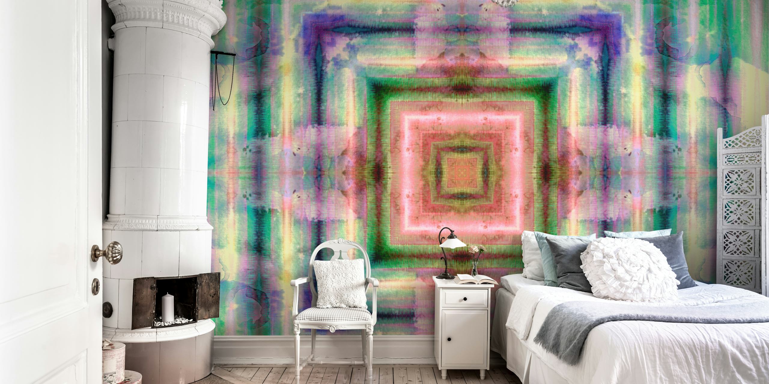 Colorful abstract geometric shapes in pink, green, blue wallpaper