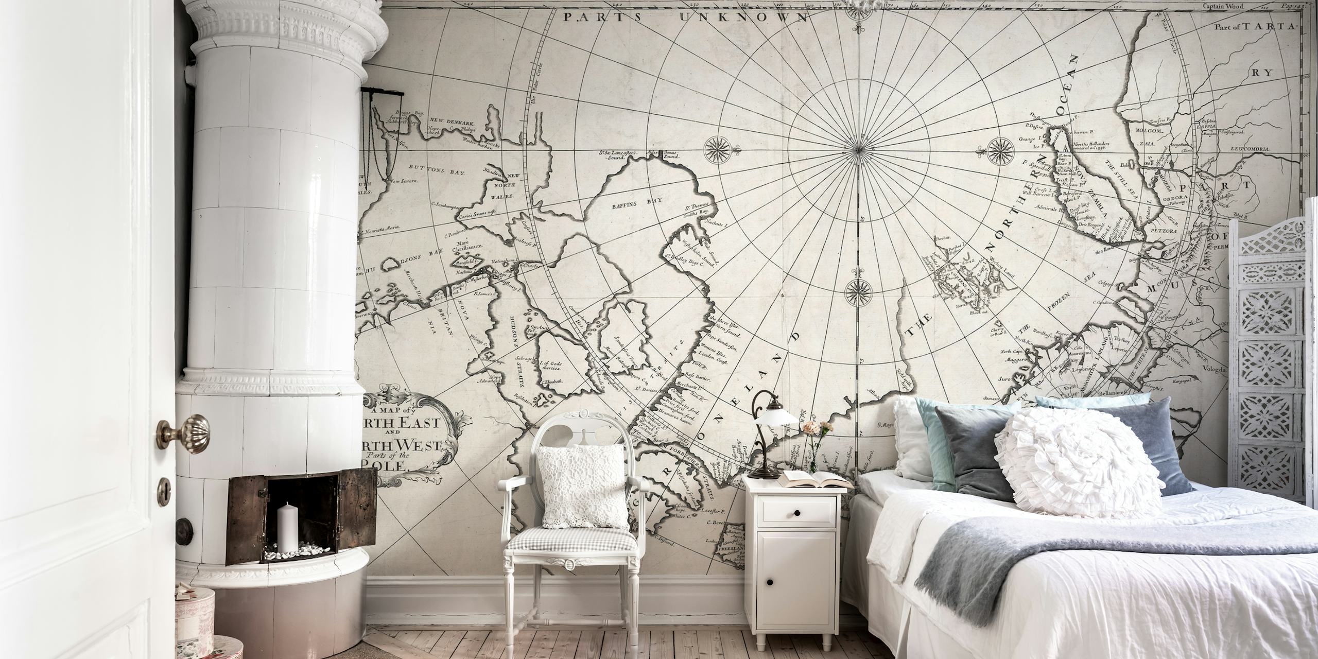 Vintage map wallpaper displayed in a room