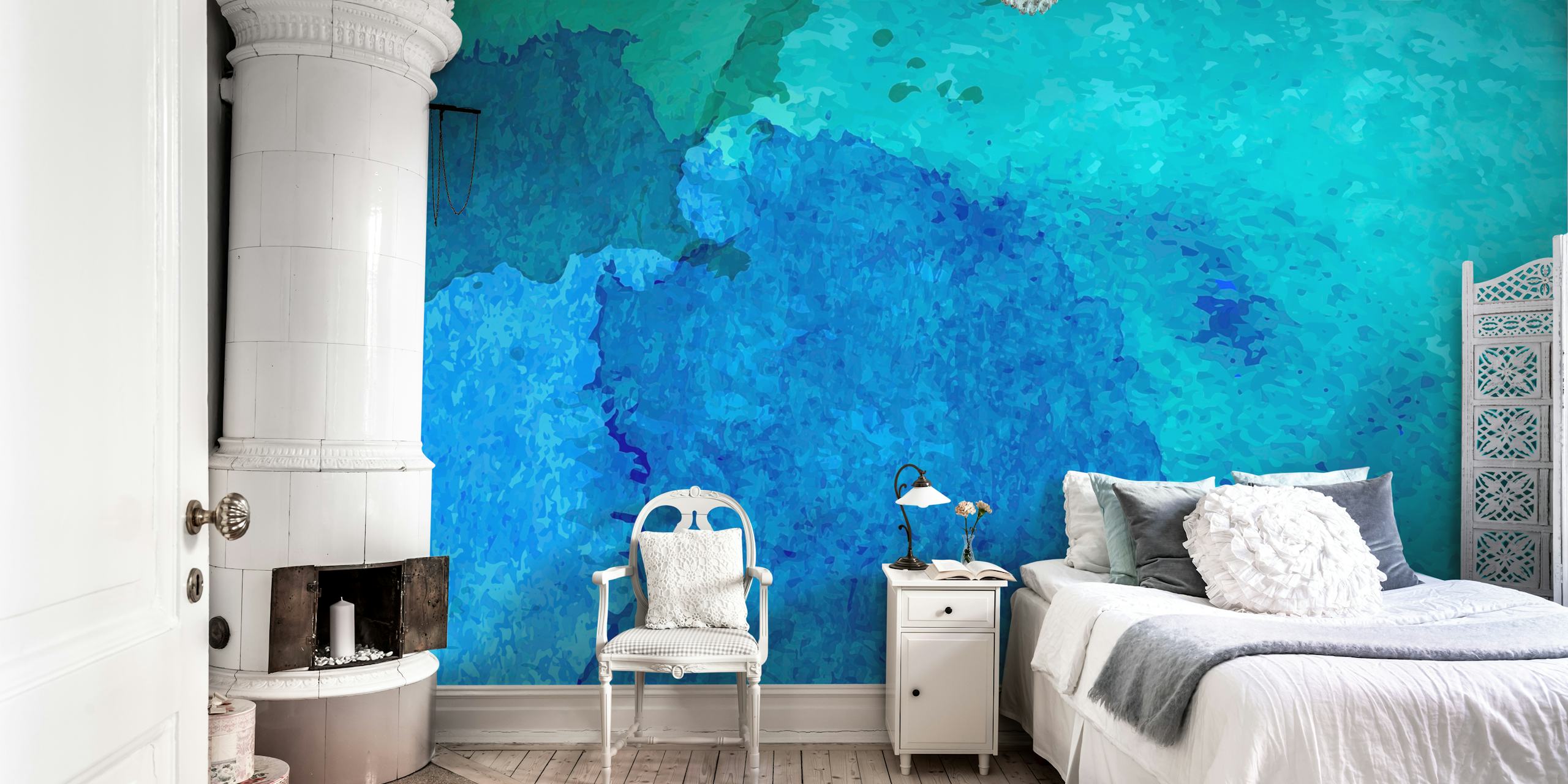 Watercolor ocean landscape in shades of blue and green wallpaper