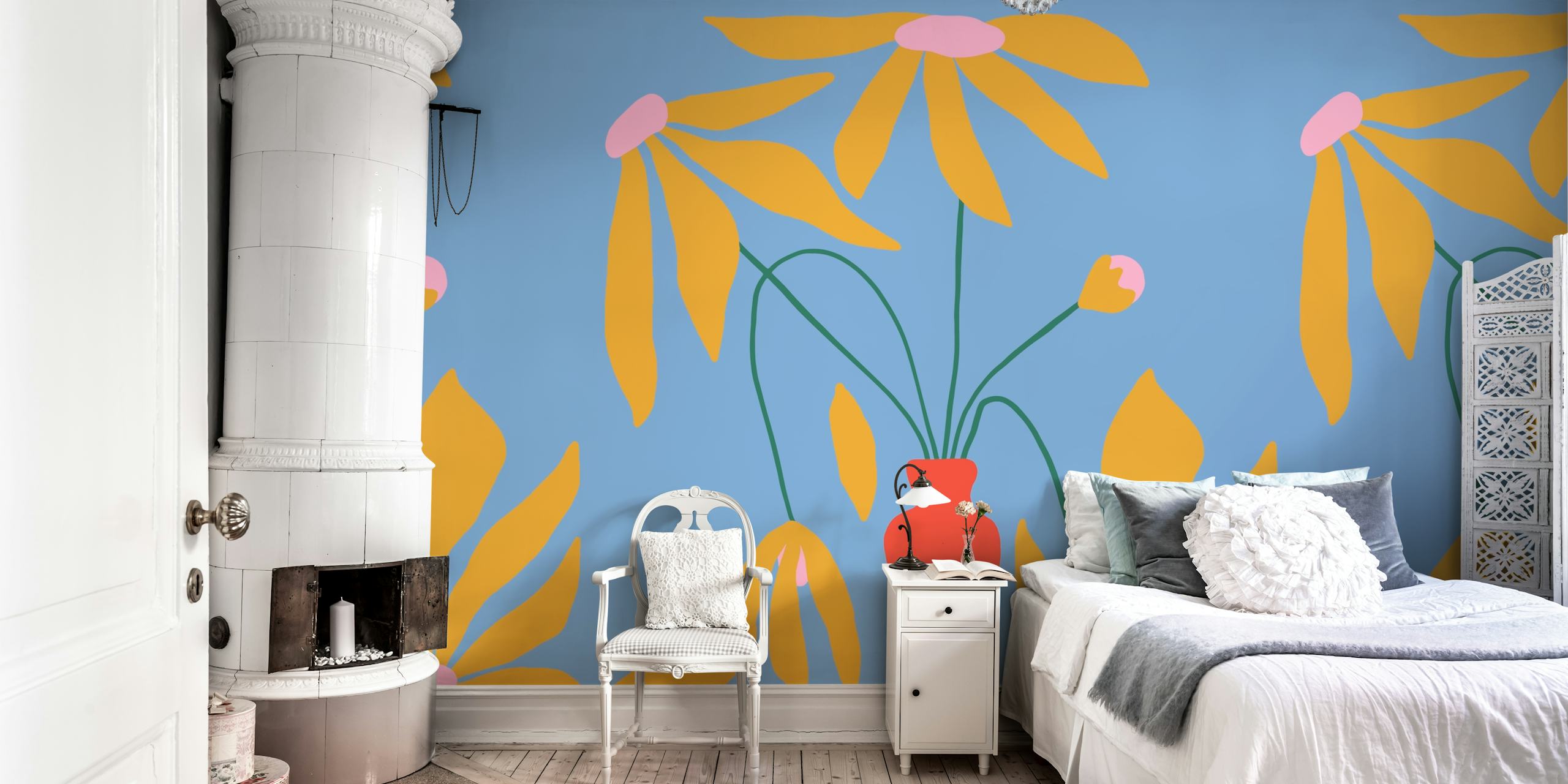 Colorful floral design with yellow petals and pink accents on blue wallpaper