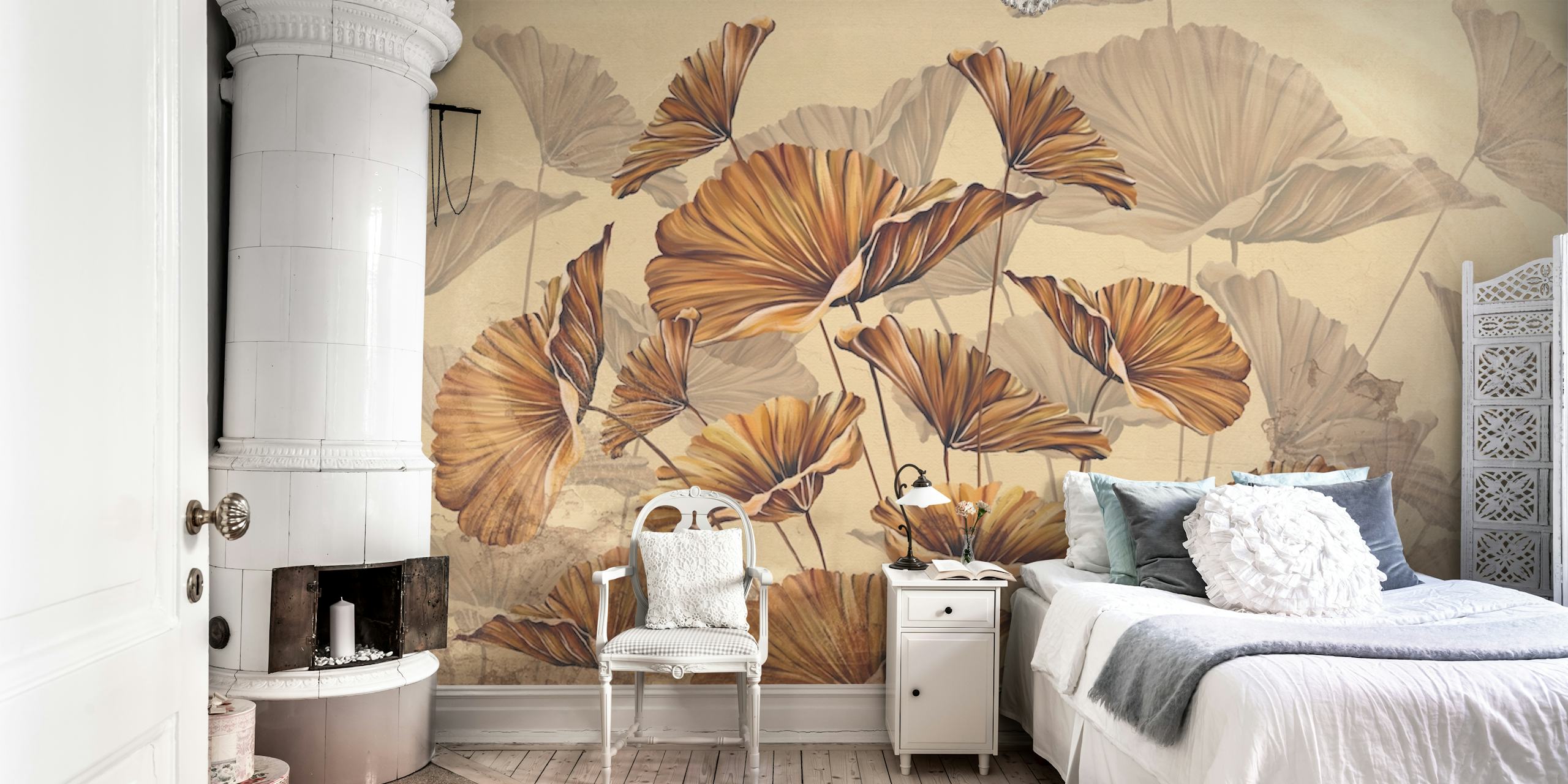 Beige floral wallpaper with golden leaves design