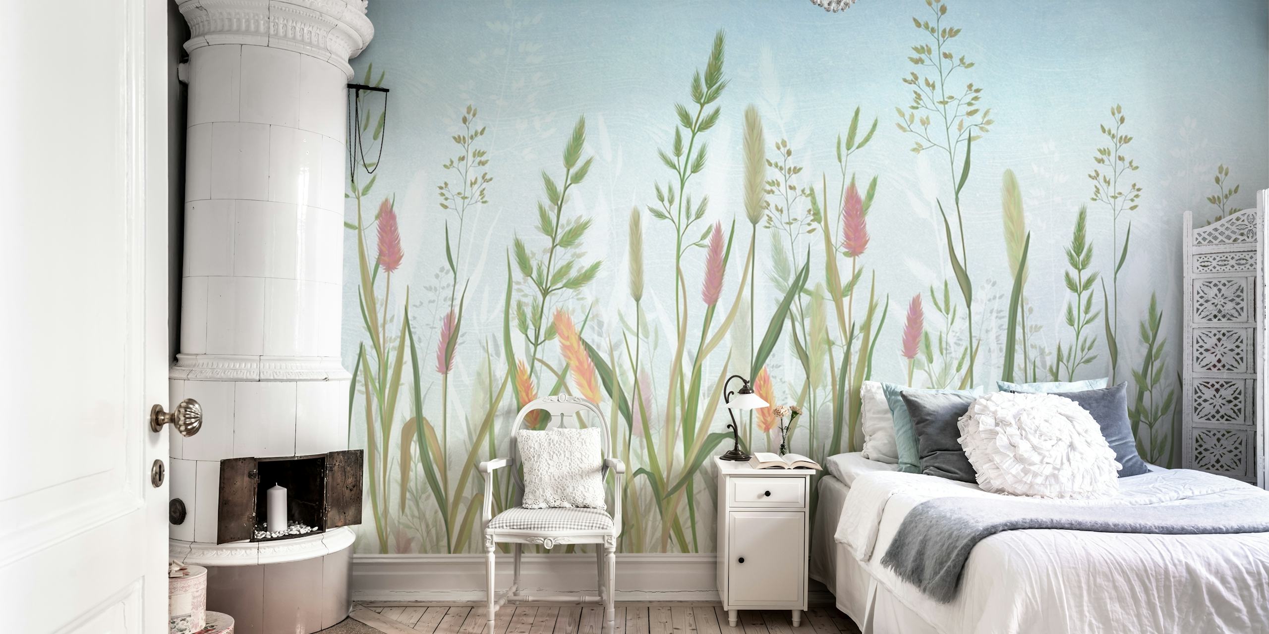Fotomural de pradera en tonos pastel con un sereno diseño de flores silvestres