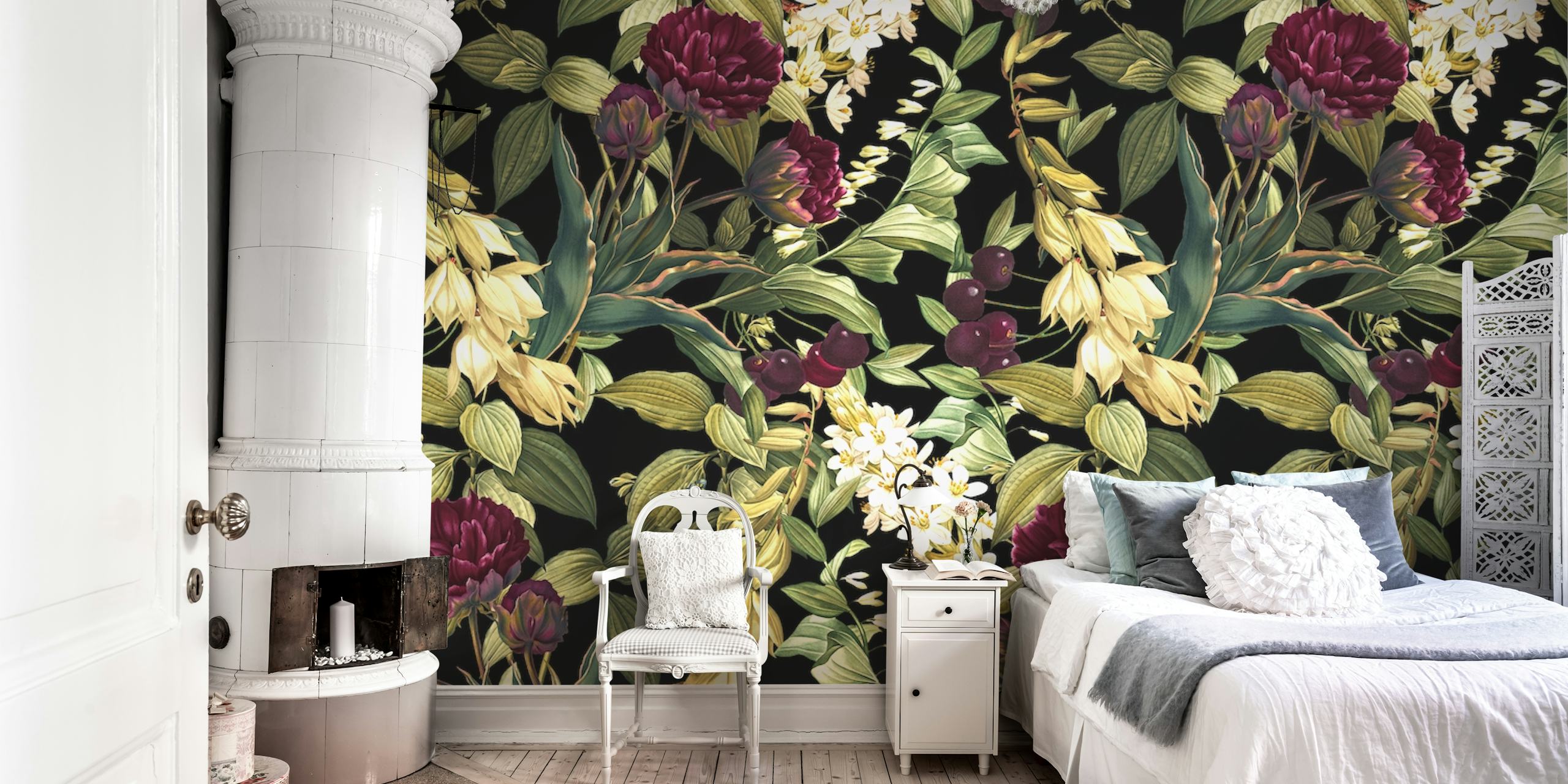 Dark floral garden wallpaper with burgundy and gold flowers and green leaves.