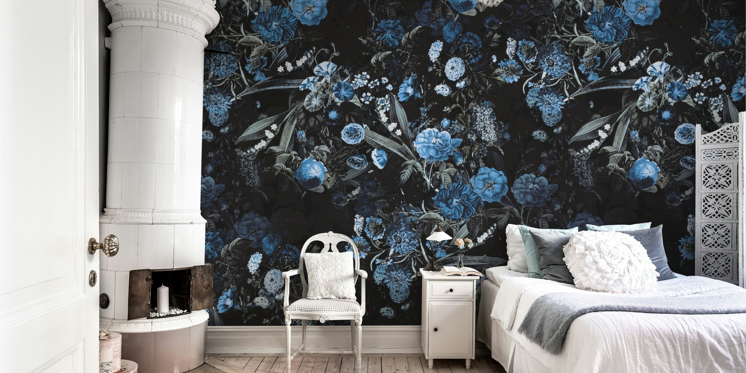 Black wallpaper with blue floral patterns and accents