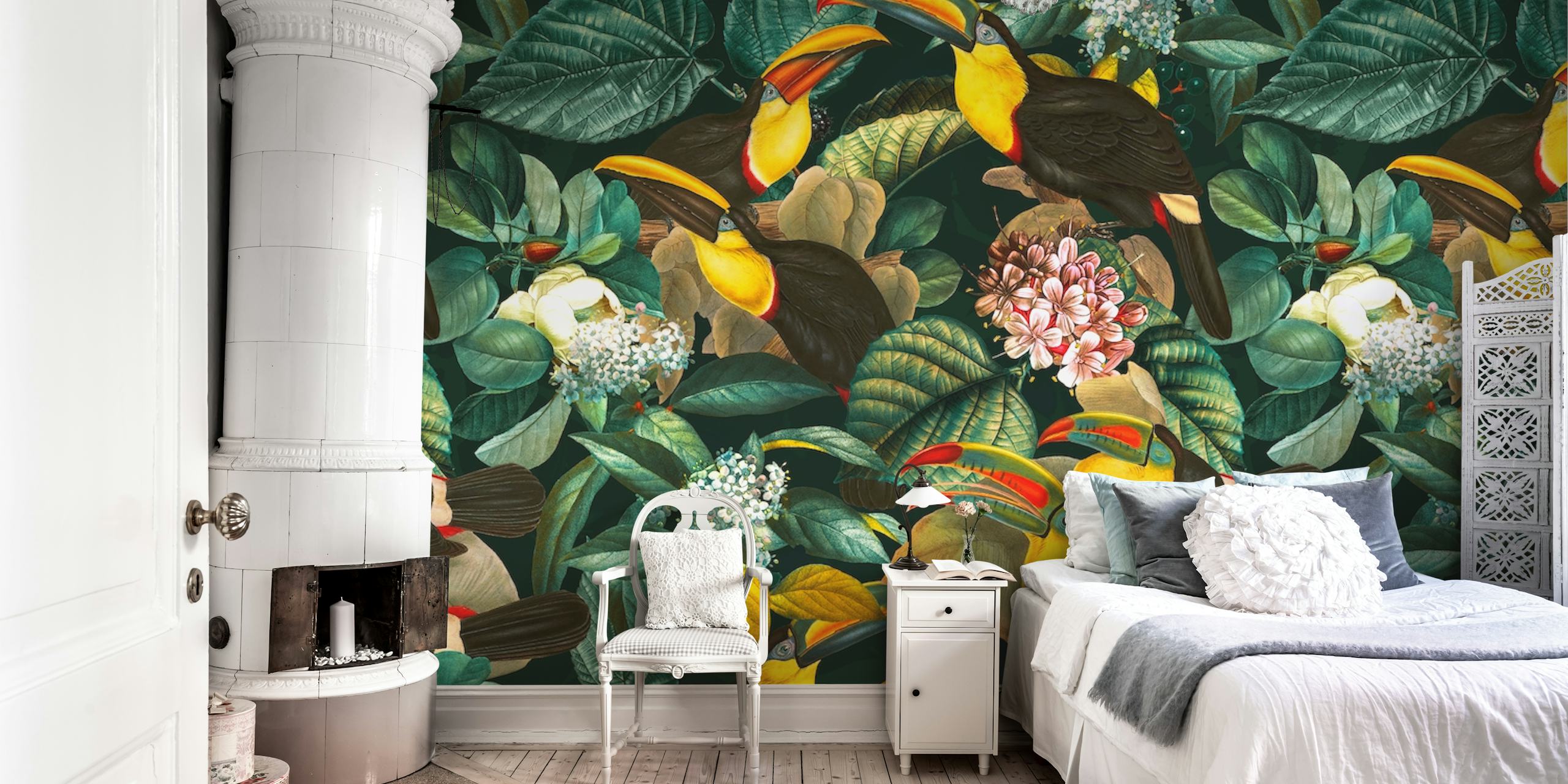 Colorful birds and floral patterns on dark green background wallpaper