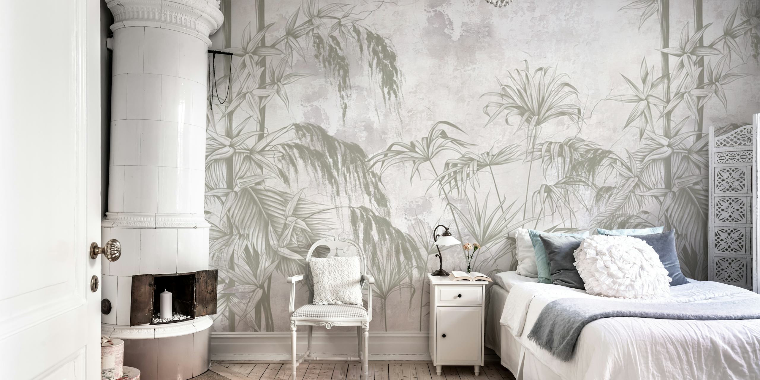 Tropical palm leaves in neutral tones wallpaper