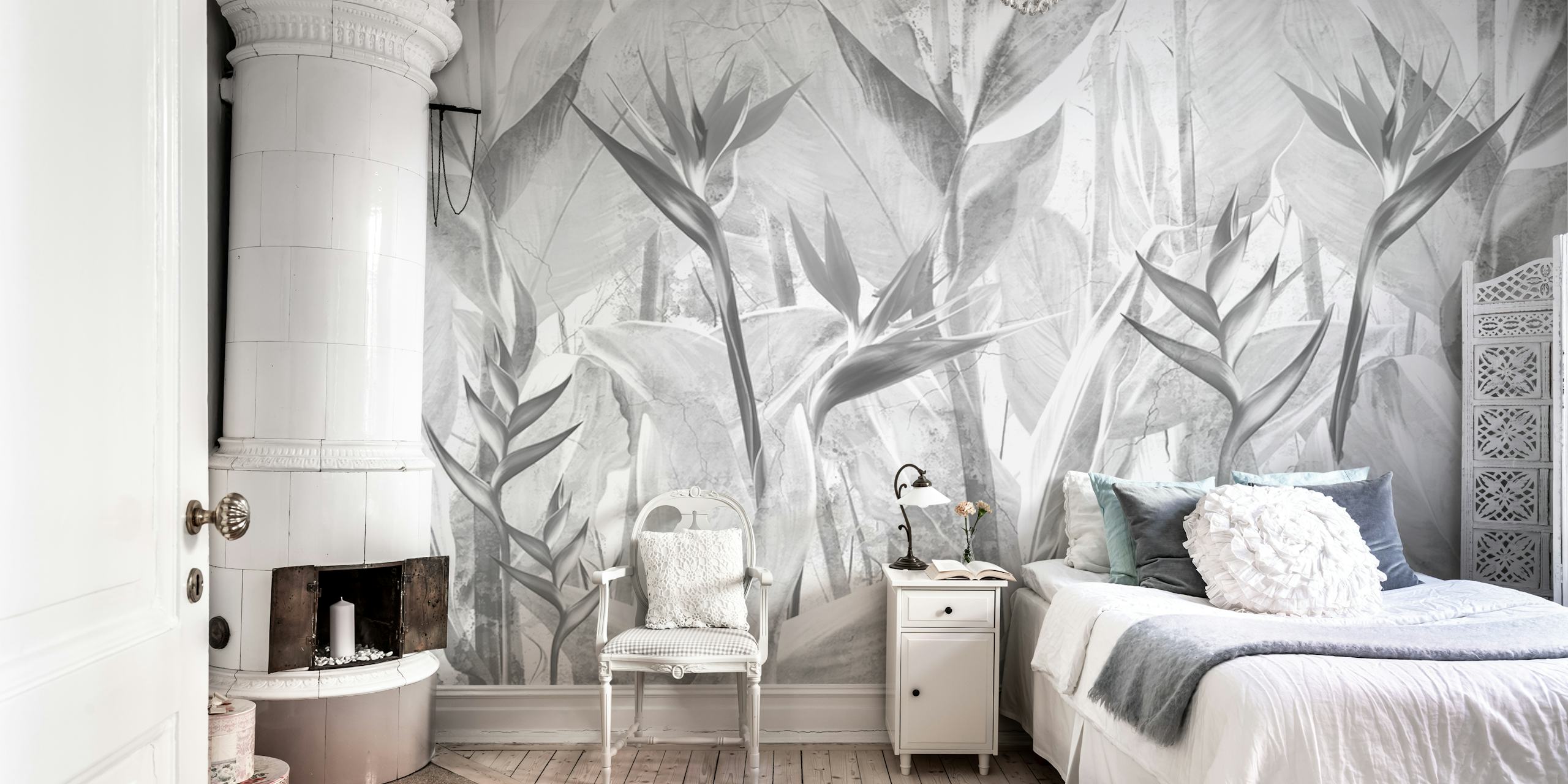 Tropical grey leaves design with monochromatic tones wallpaper