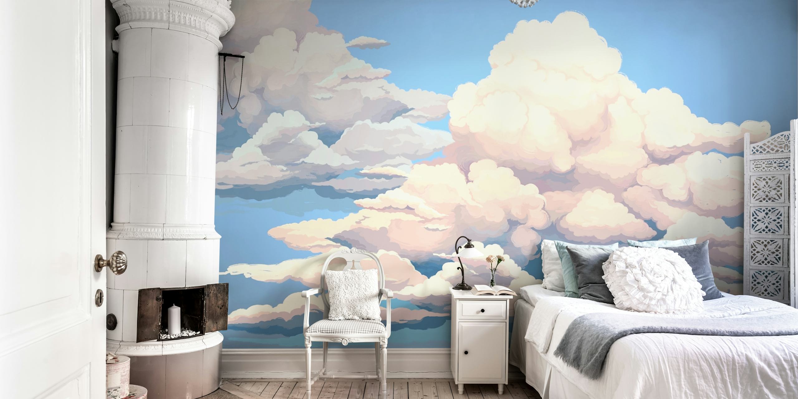 Pluizige witte wolken en blauwe lucht muurschildering