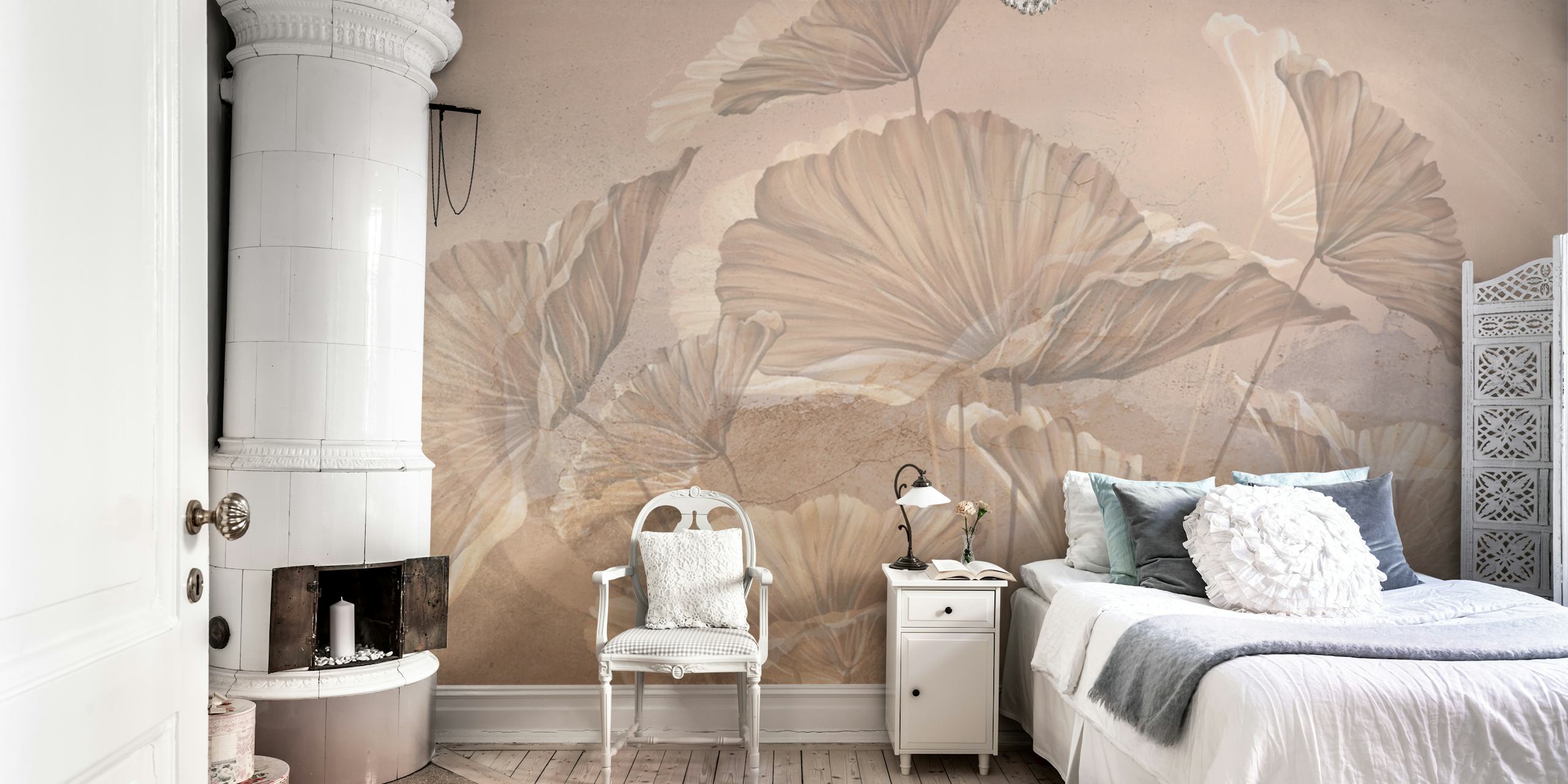 Large leaves in soft earthy tones wallpaper