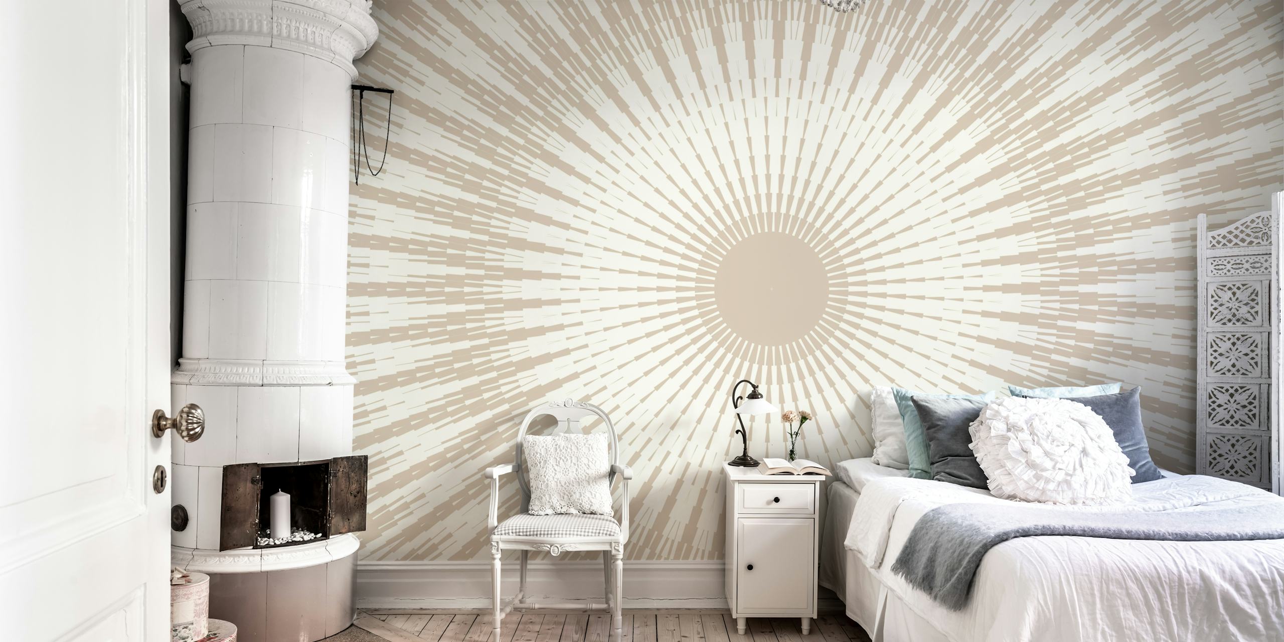 Soft Beige Sun Rays wall mural with a radial pattern design