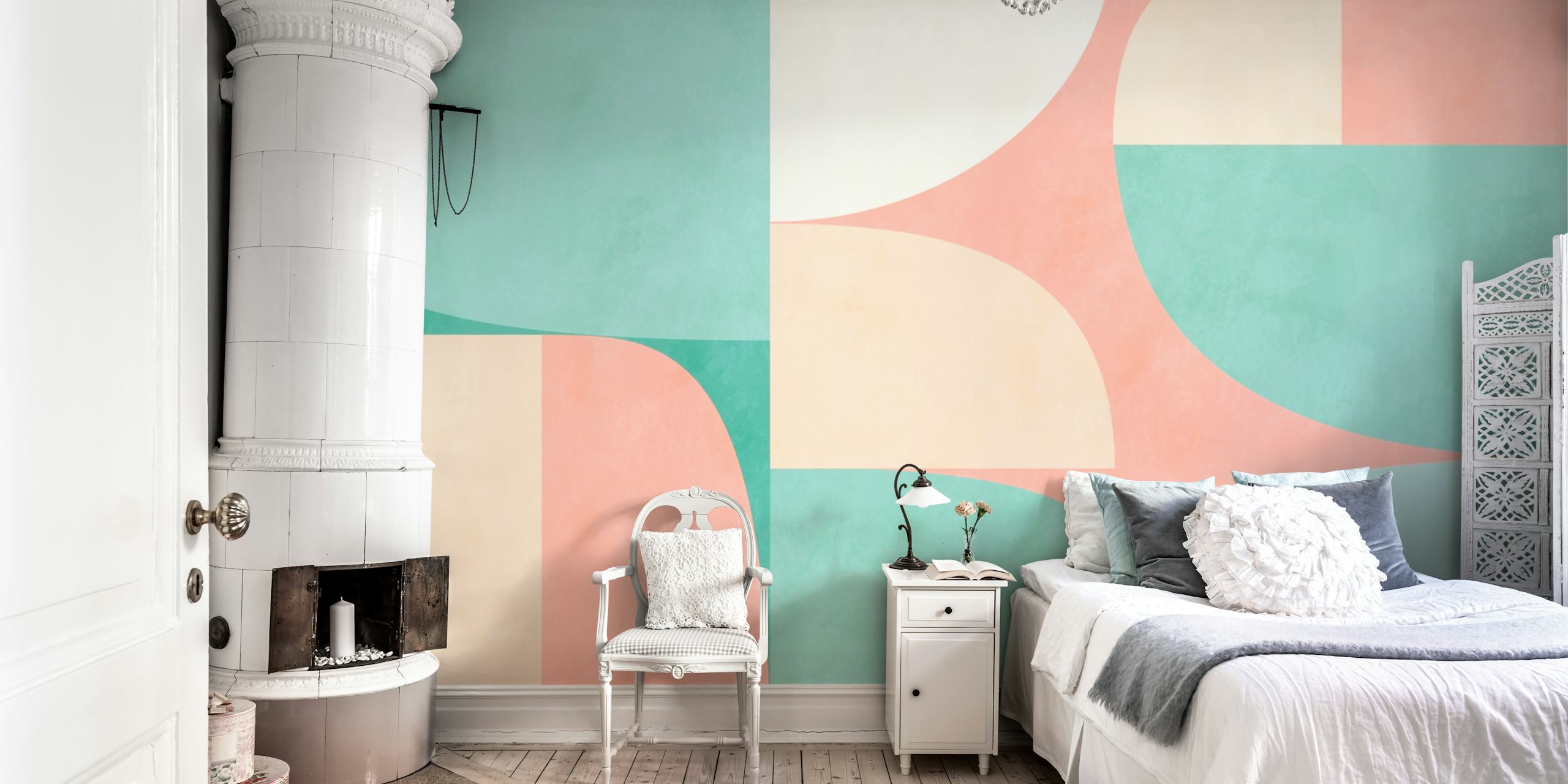 Mid Century Modern Pastel Geo wall mural featuring abstract geometric shapes in soft pastel colors