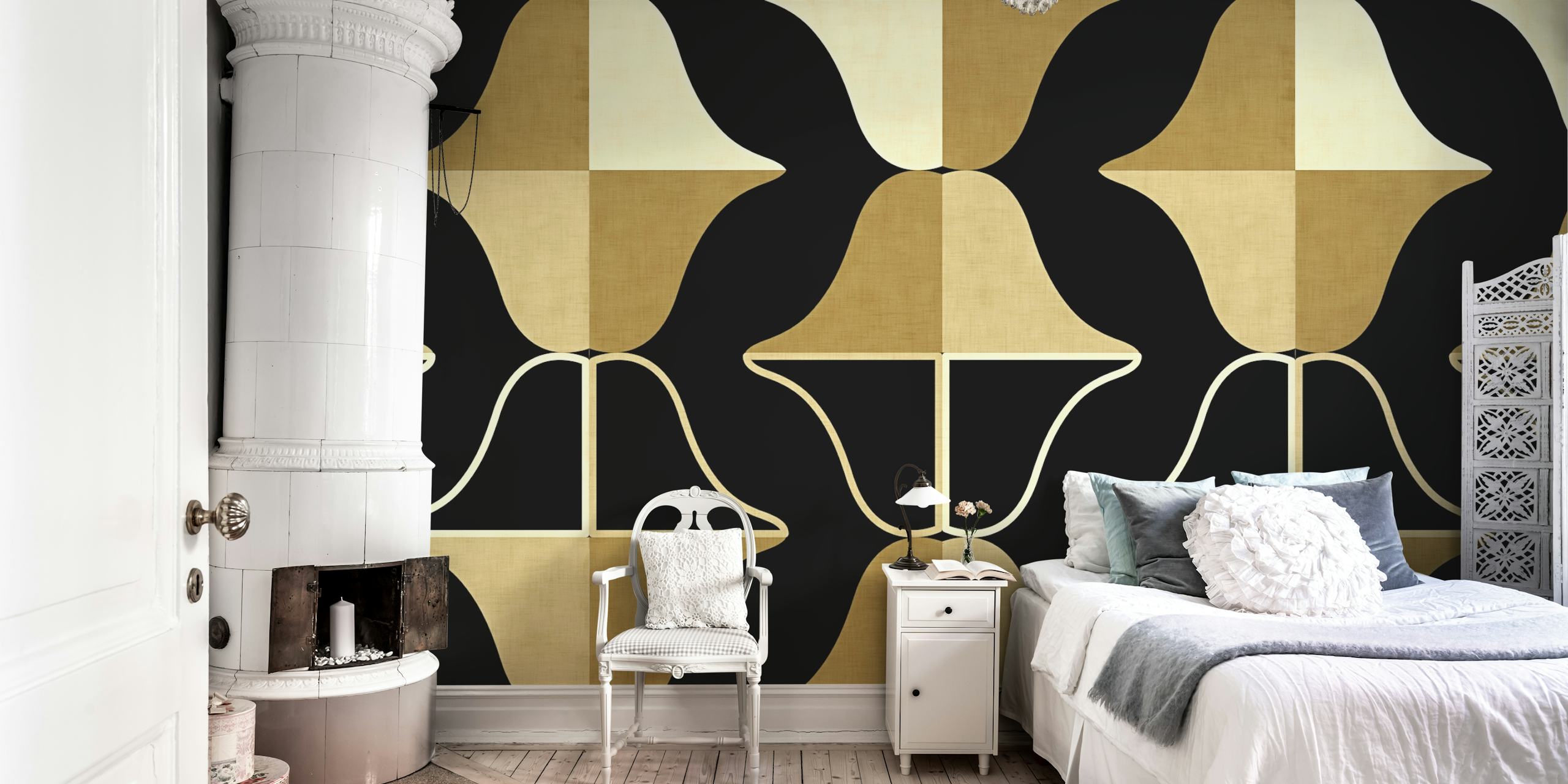 Mid century geometric shapes in black, gold, and cream wallpaper
