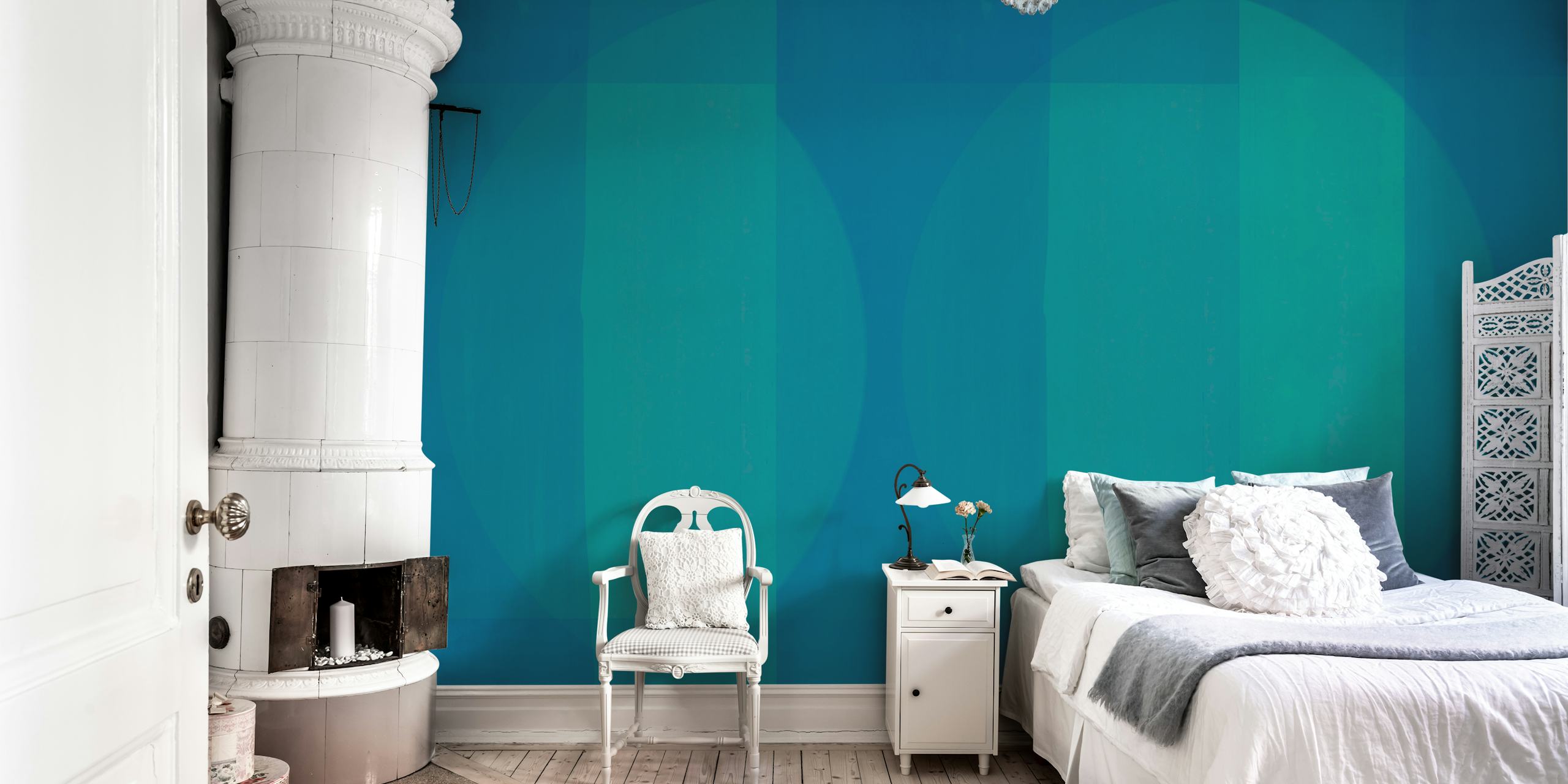 Mid Century Bauhaus Cyan Teal wall mural with geometric shapes