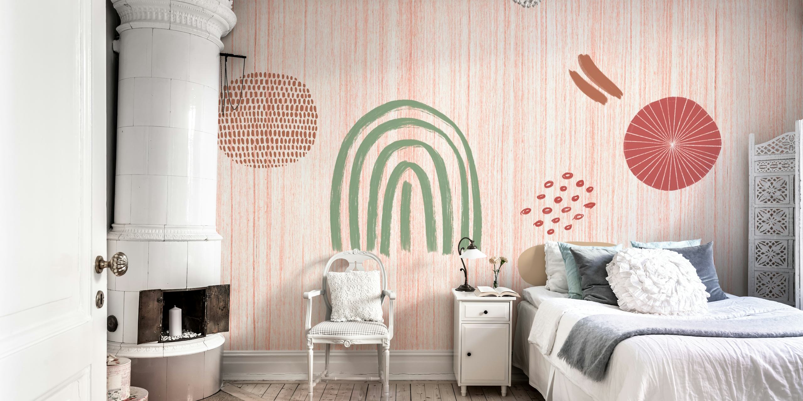 Abstract shapes with warm colors like pink, green, brown, and beige wallpaper