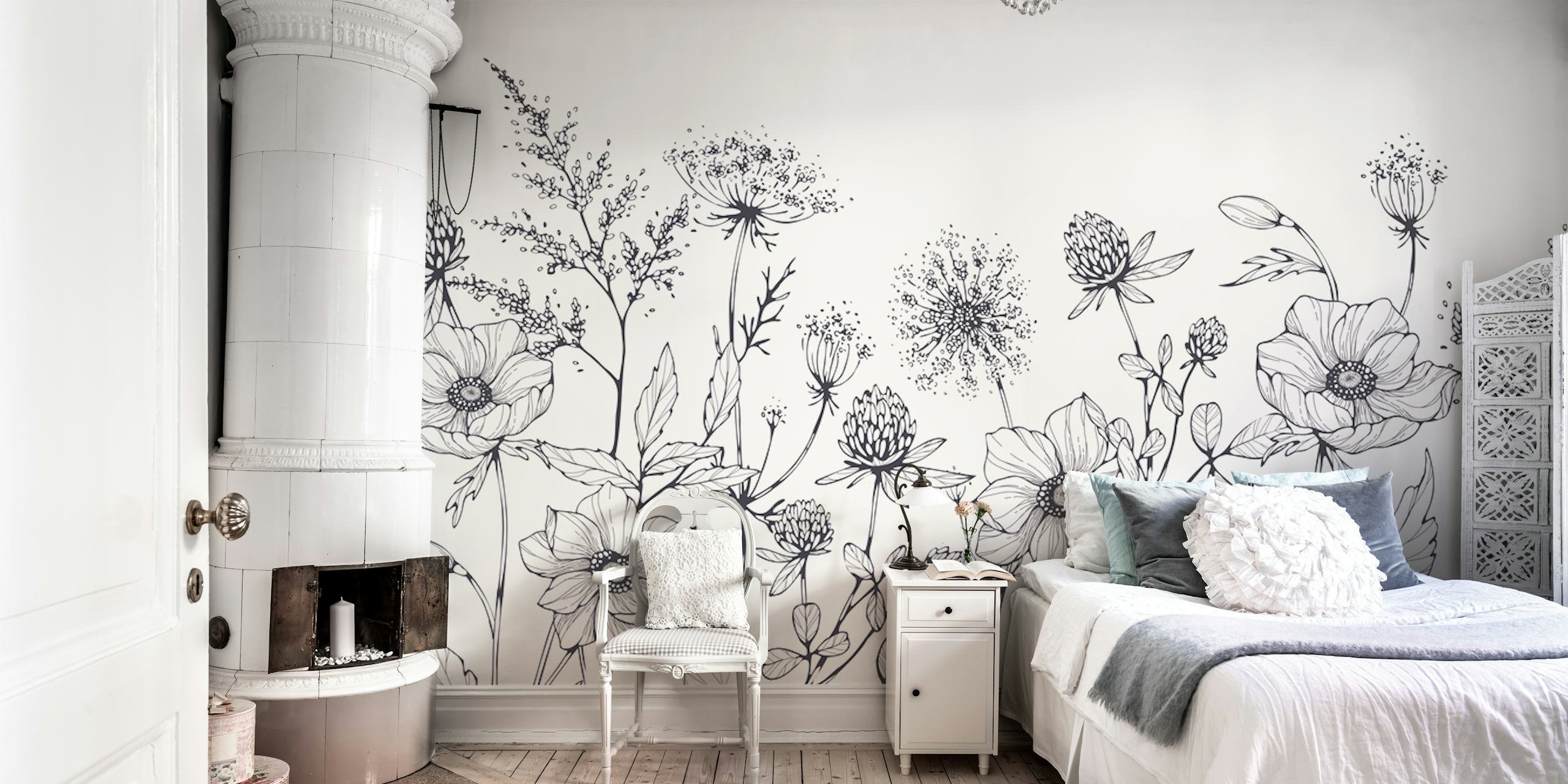 Black and white floral illustration wallpaper featuring detailed blooming flowers and leaves.
