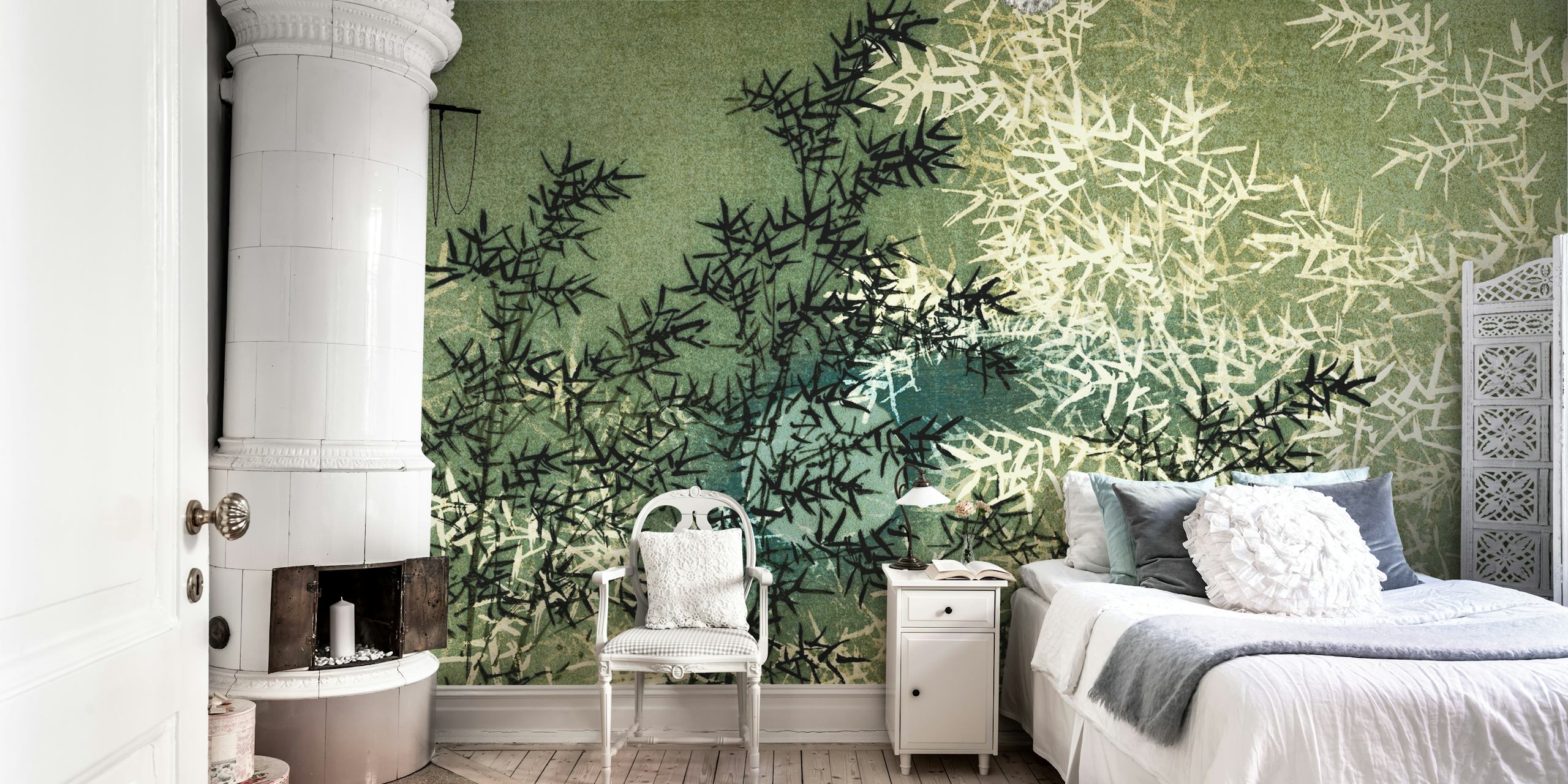 Bamboo leaves in black and white on a textured green background wallpaper