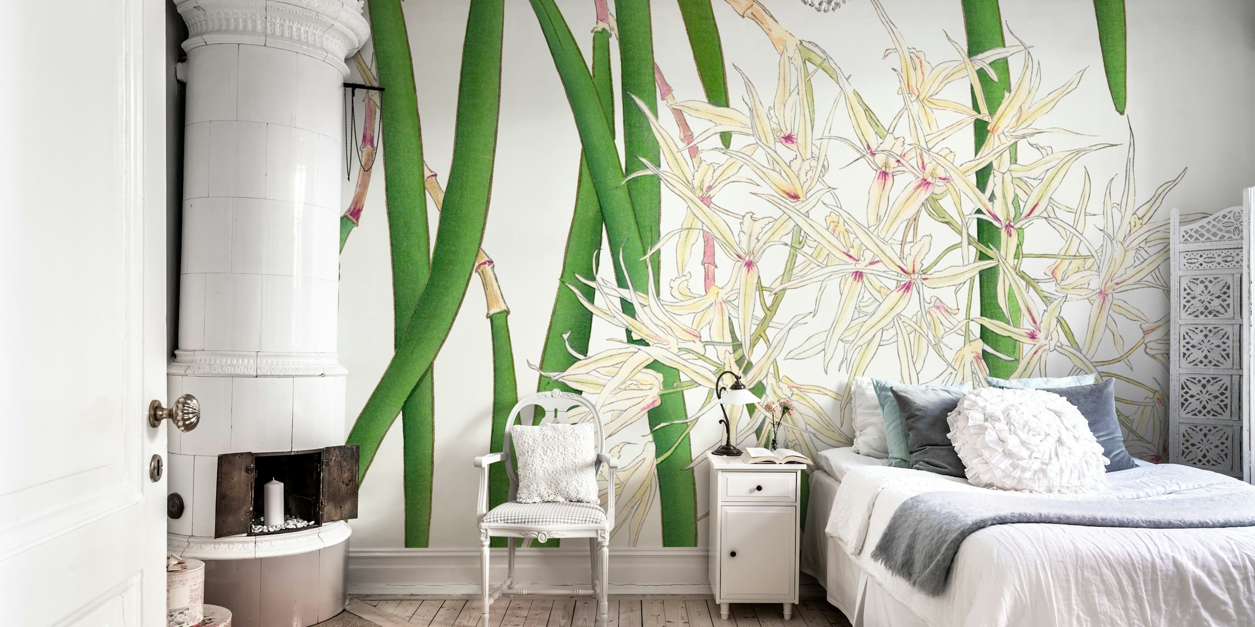 Elegante fotomural floral tropical vintage con flores blancas y hojas verdes