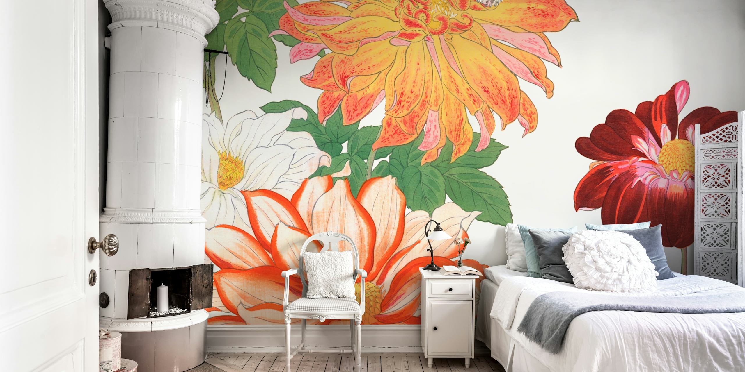 Elegant Japanese Dhalia Floral wall mural with vibrant flowers on neutral background