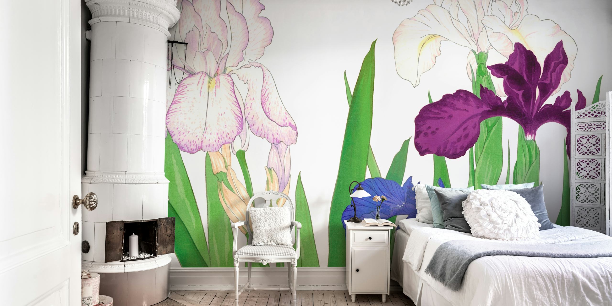 Japanese floral wallpaper with purple and blue irises, green leaves, botanical style