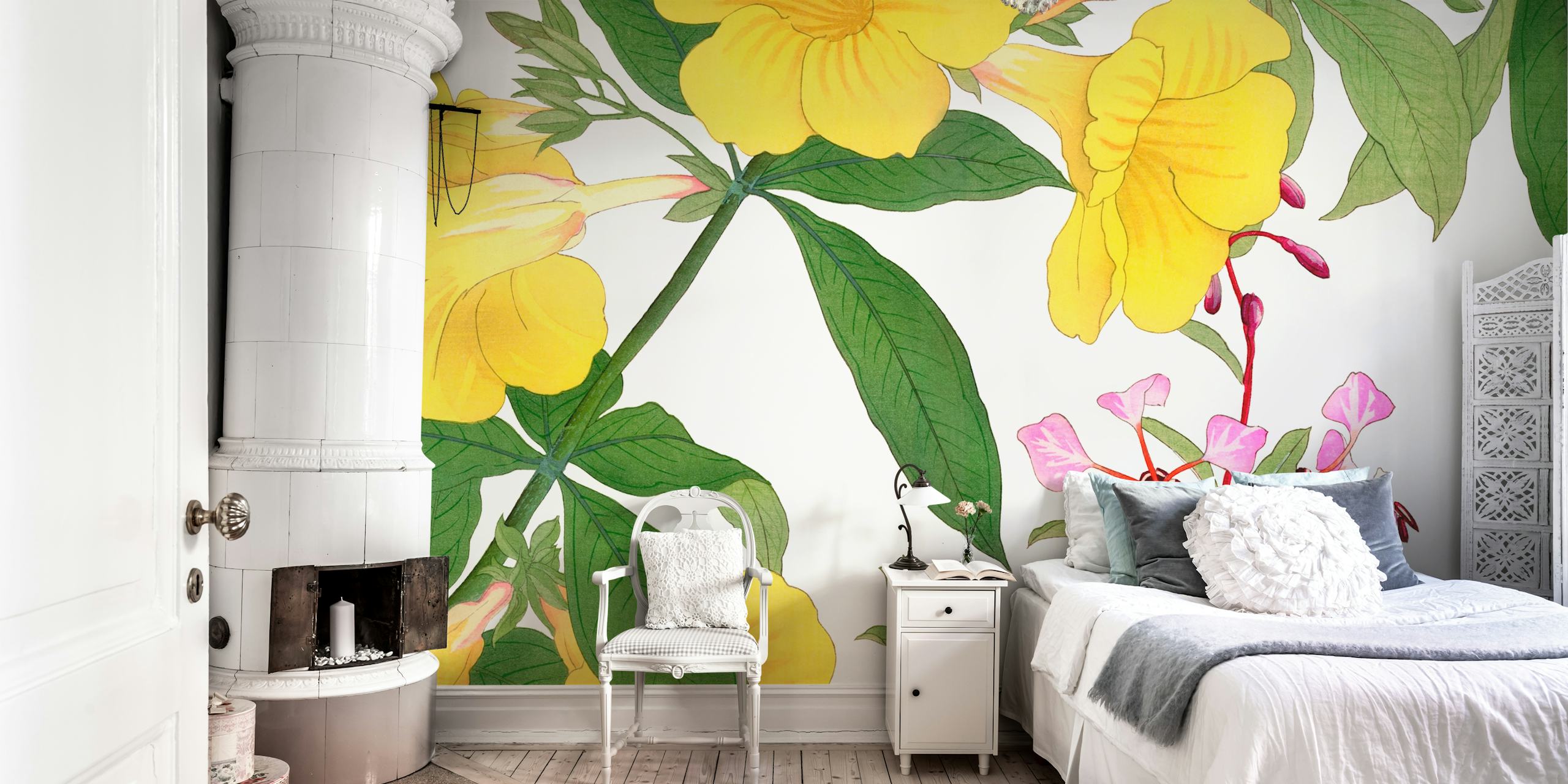 Lush yellow and pink flowers with green leaves on a Japan Summer Floral wall mural