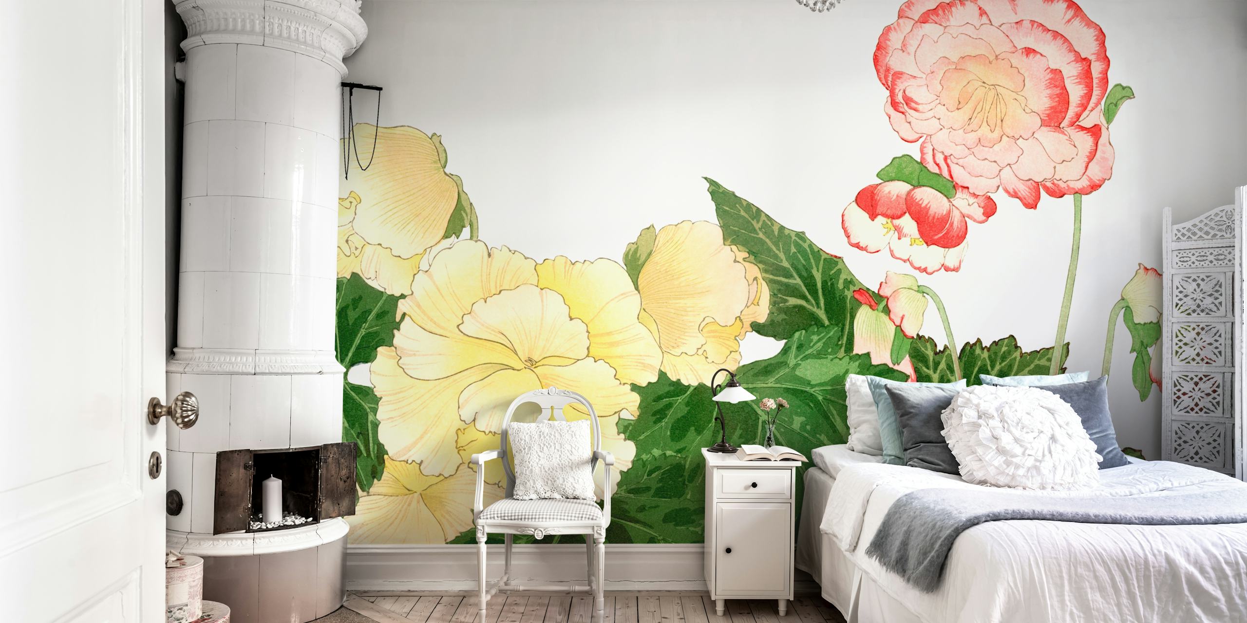 Vintage floral wallpaper featuring pink and yellow flowers with green leaves