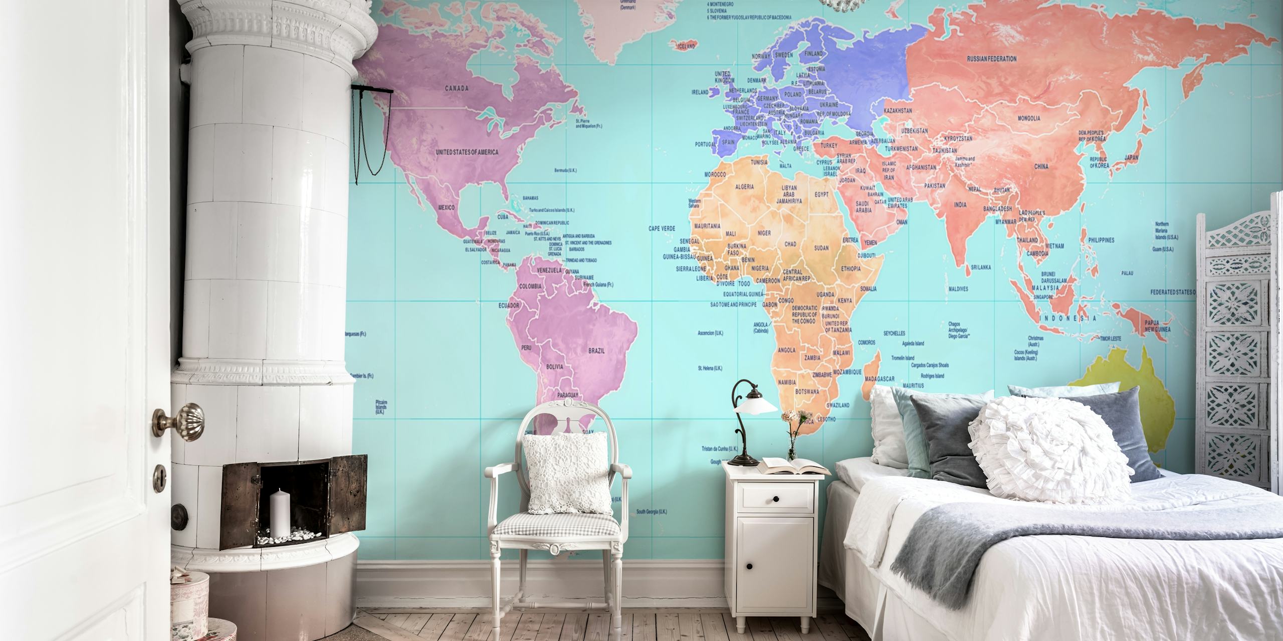 Colorful world map wallpaper with vibrant continents and oceans
