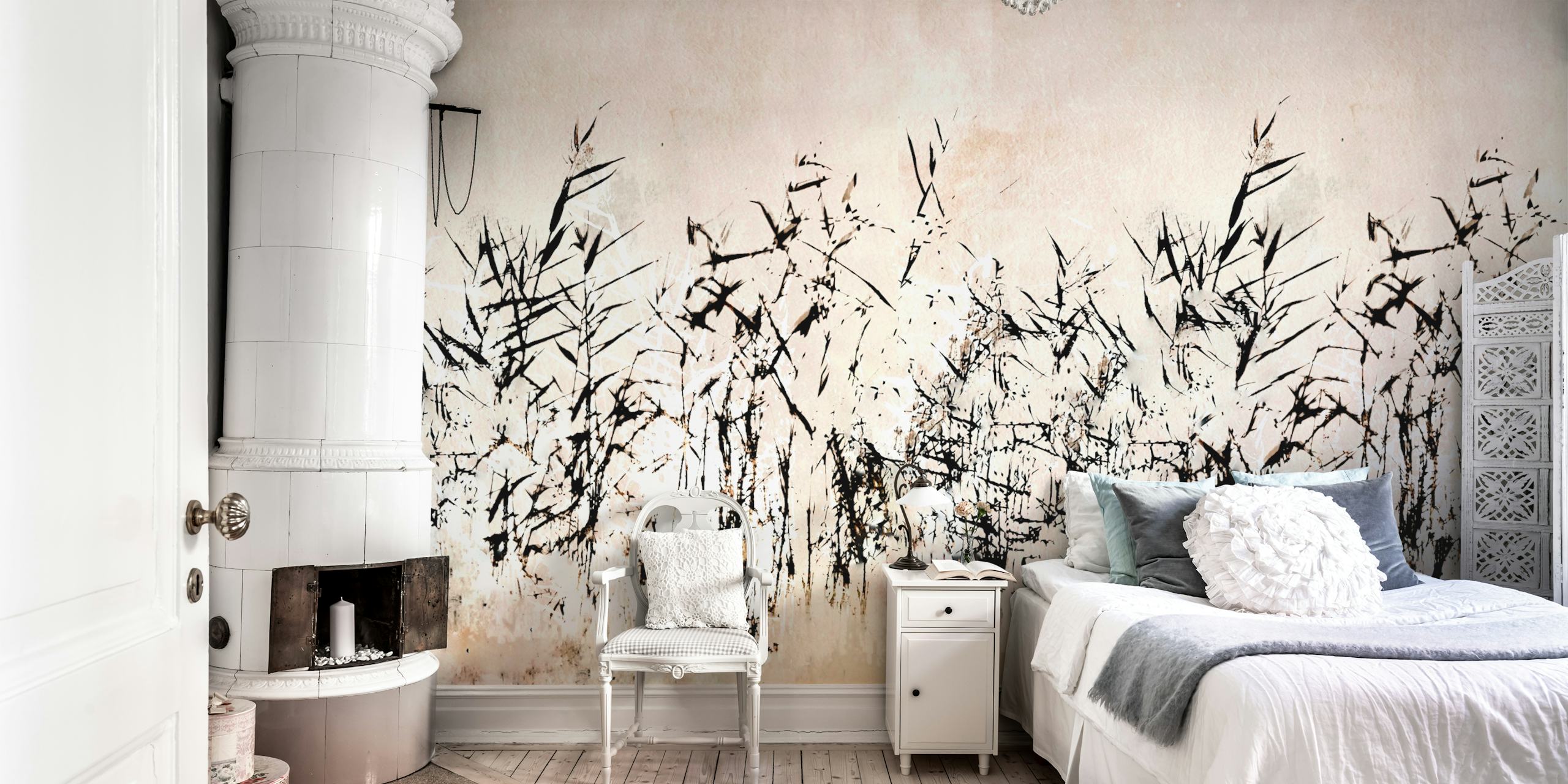 Bamboo landscape in black and white on a beige background wallpaper