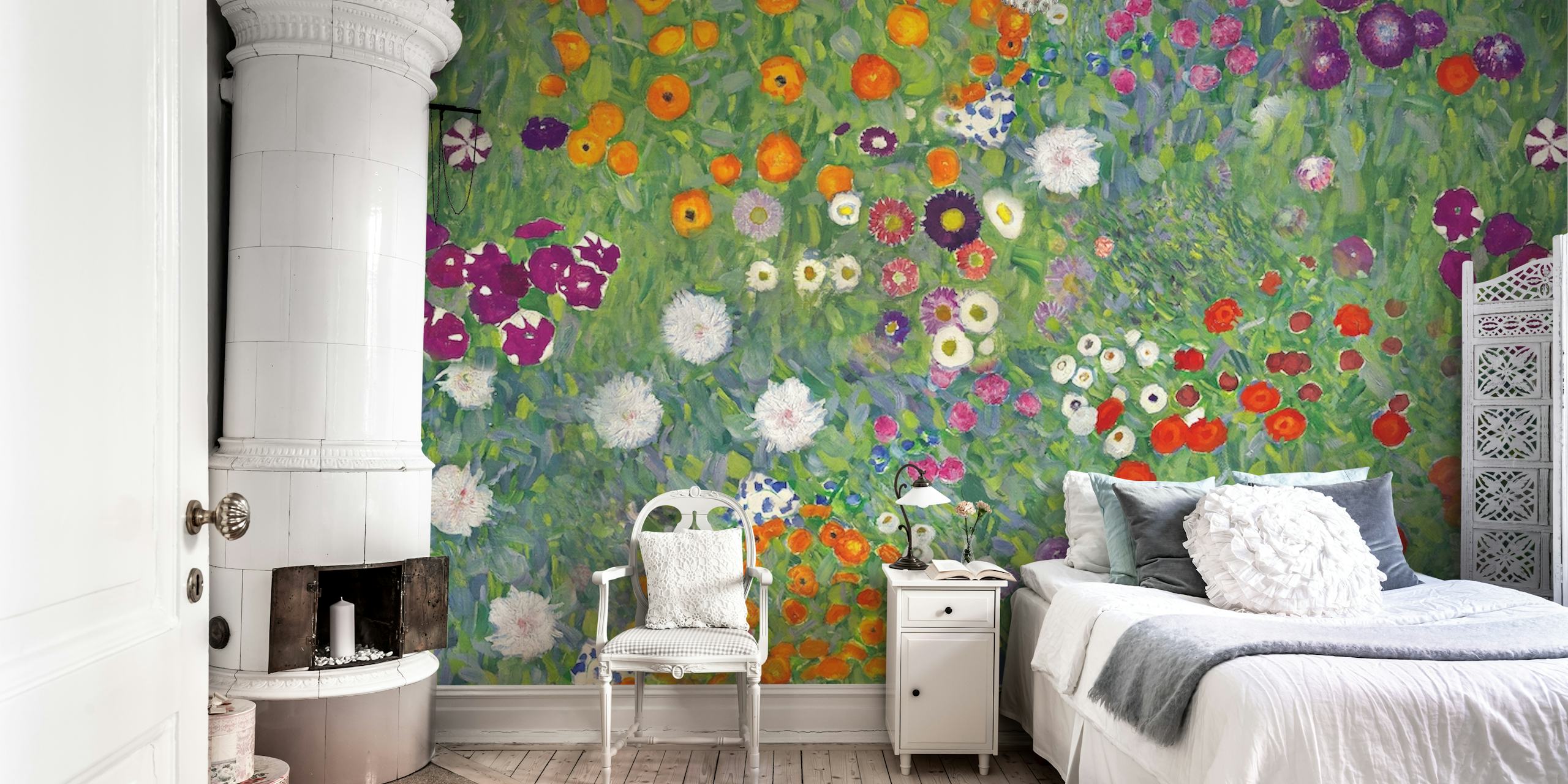 Colorful flowers in various shades of purple, orange, and white on green background wallpaper.