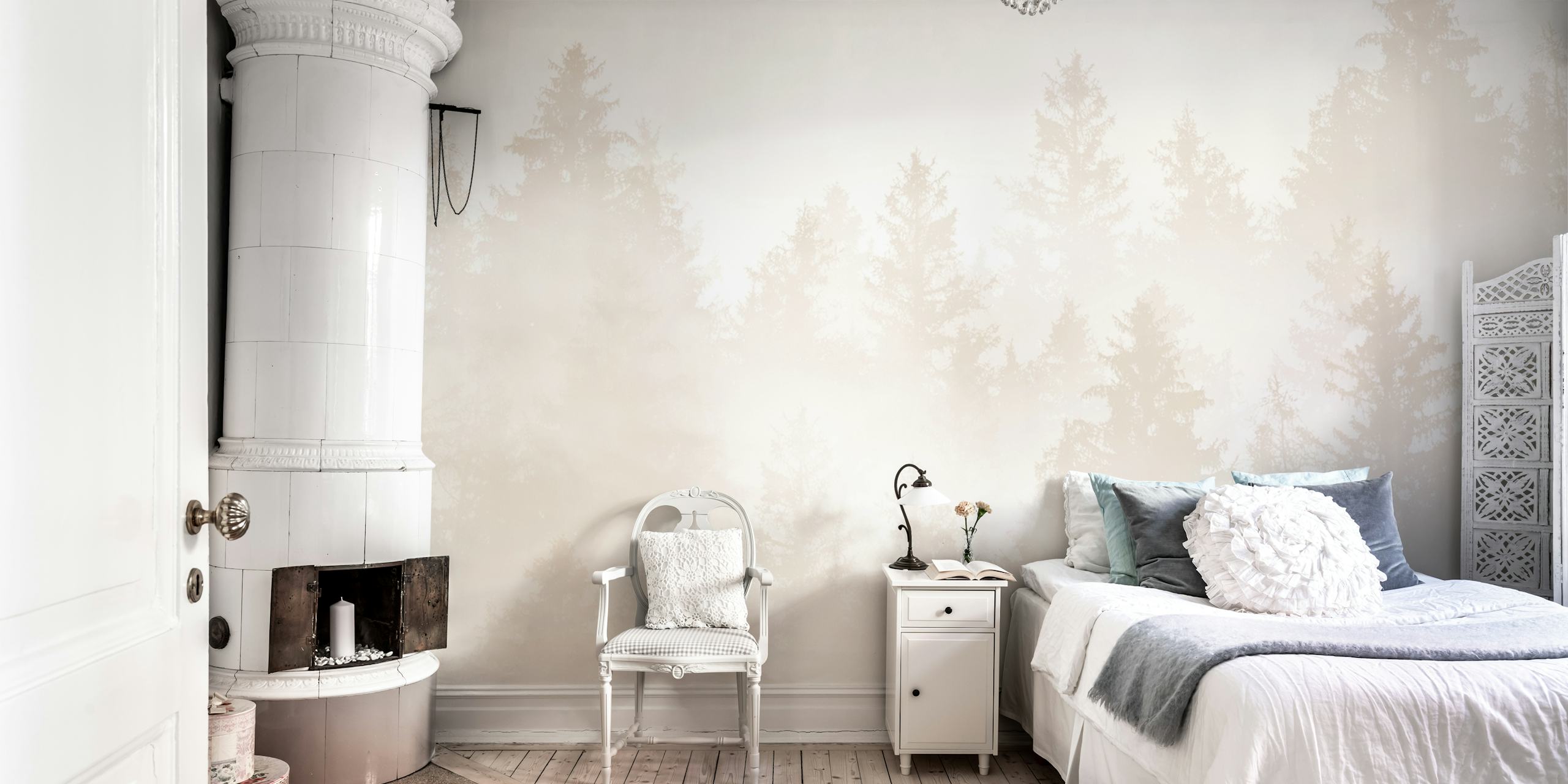 Soft beige forest silhouettes and misty background wallpaper