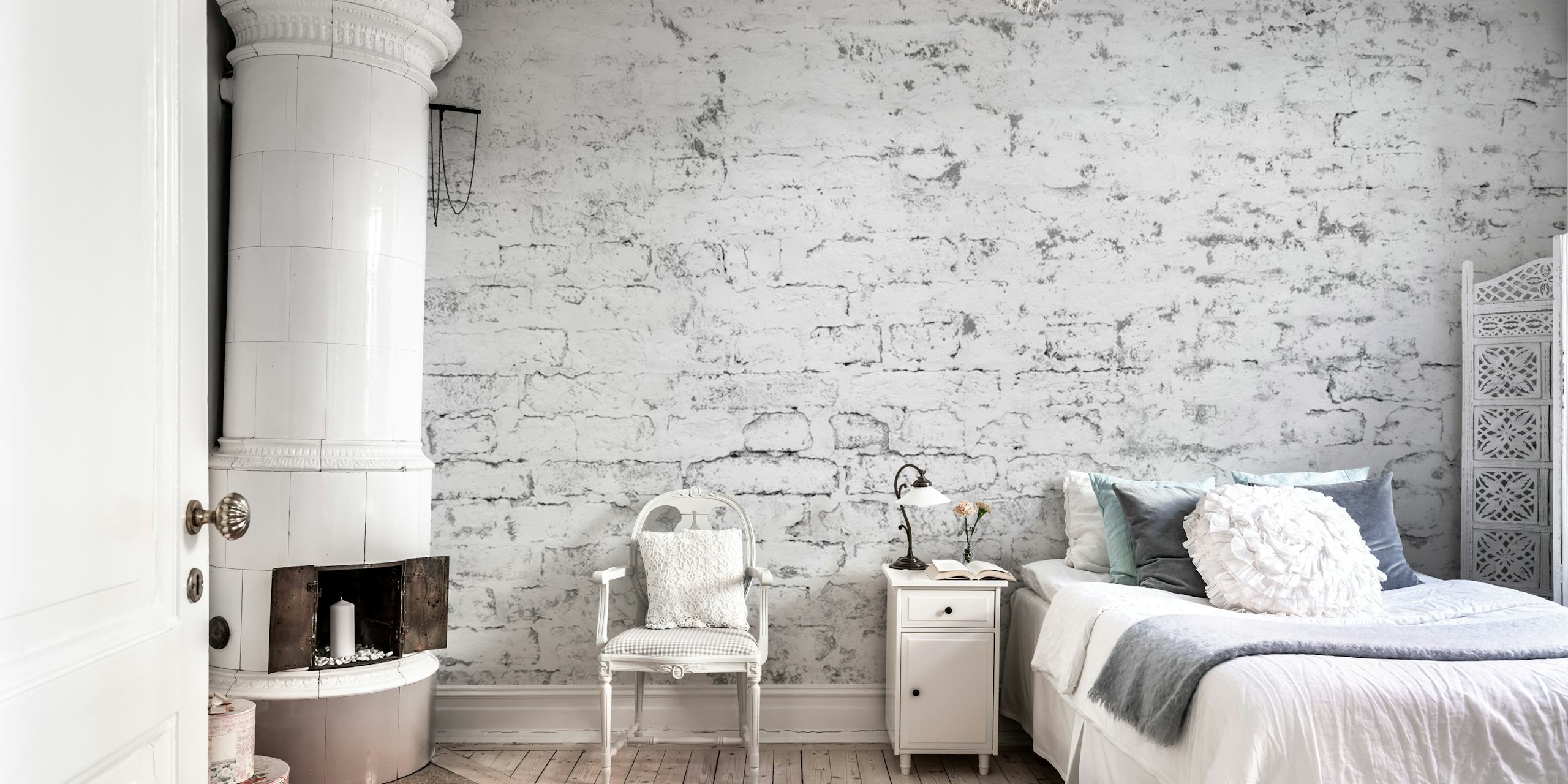 White brick wall with a textured appearance wallpaper