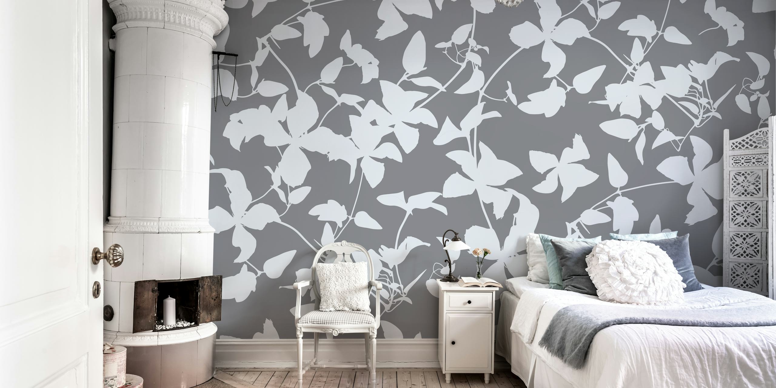White clematis flower silhouettes on grey background wallpaper