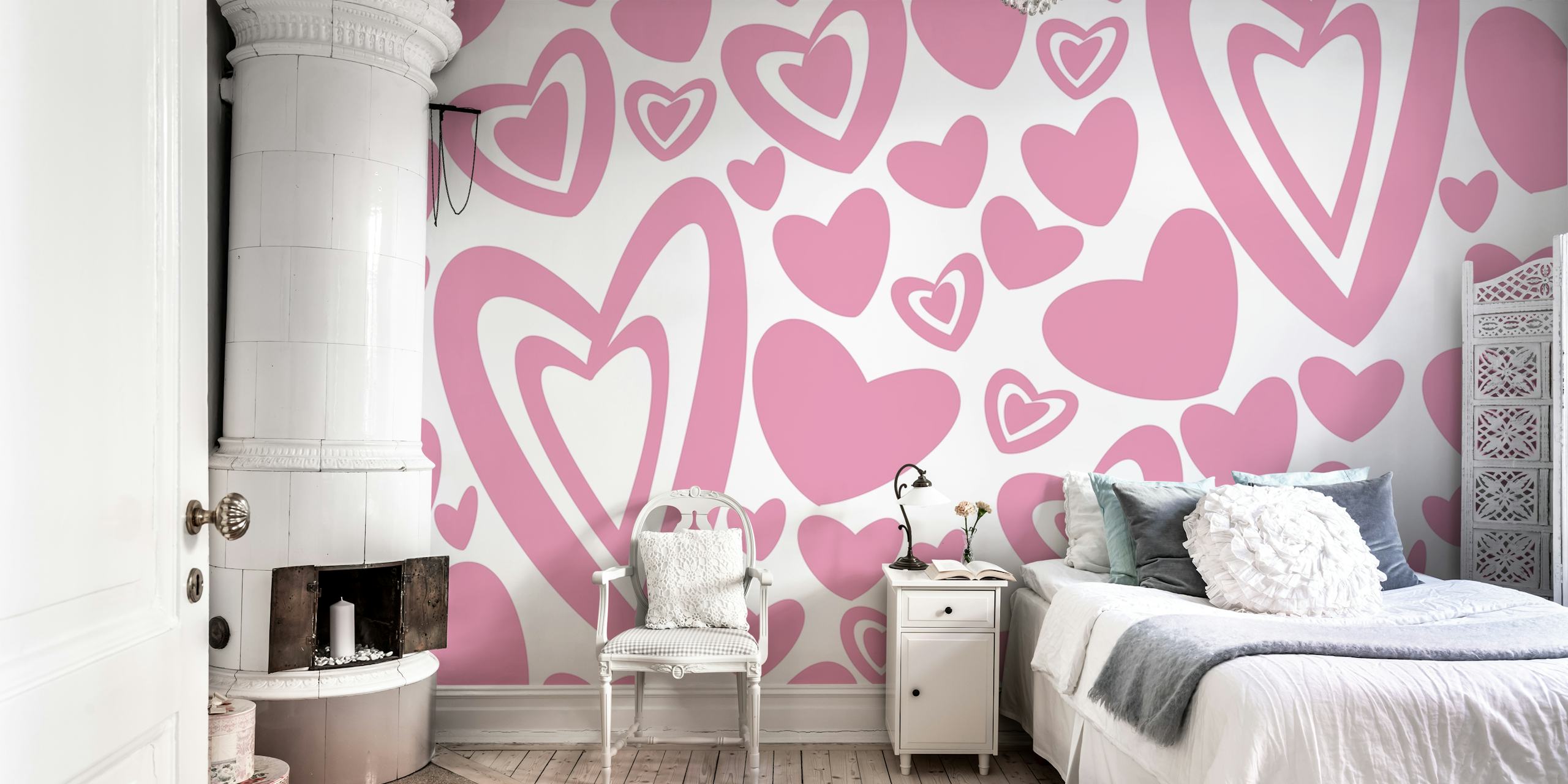 Pink hearts pattern wallpaper in a room
