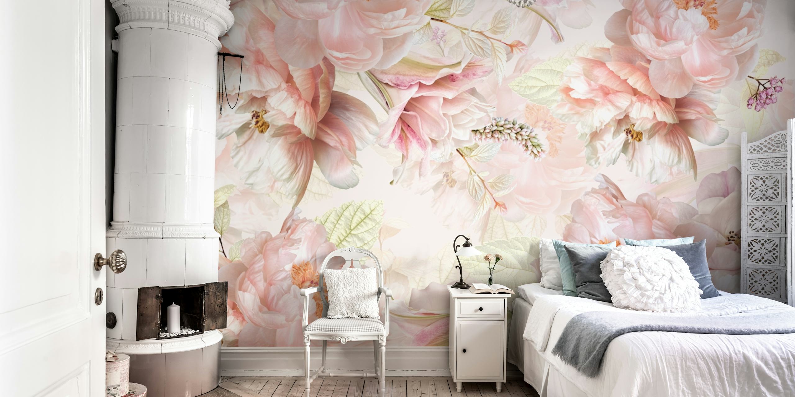 Pink peonies and delicate leaves floral wallpaper
