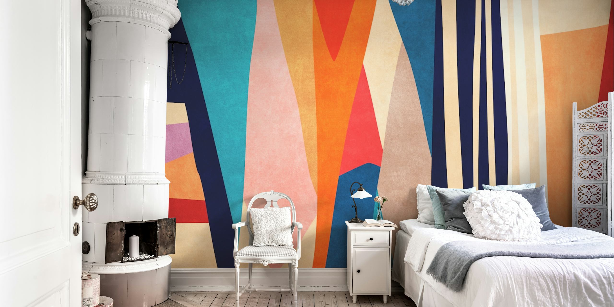 Colorful abstract geometric shapes in red, blue, and gold wallpaper