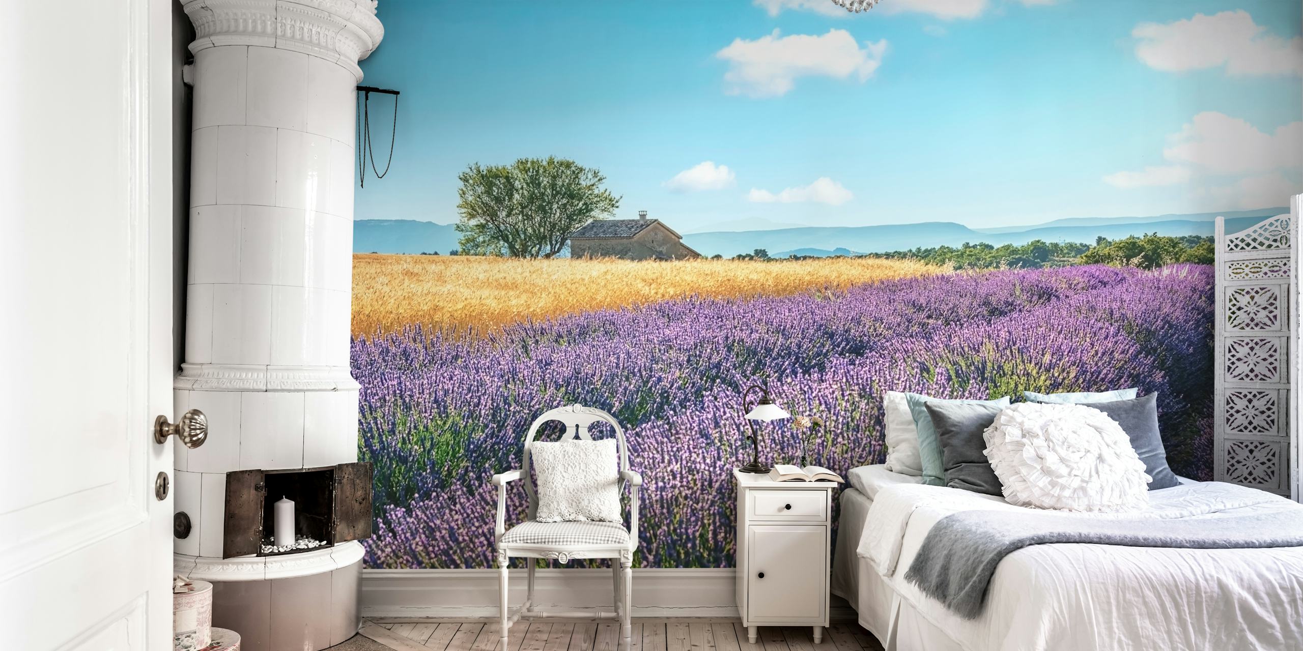 Lavender fields with purple blooms and golden wheat wallpaper