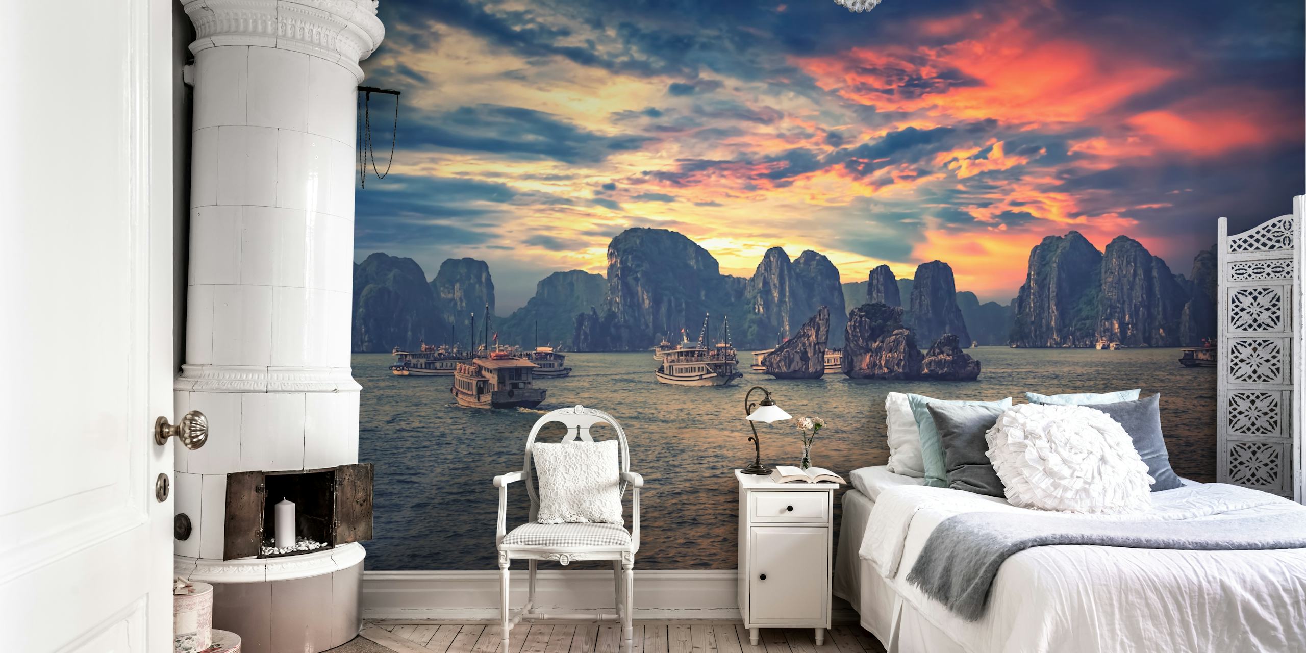 Wall mural of Halong Bay with boats and cliffs
