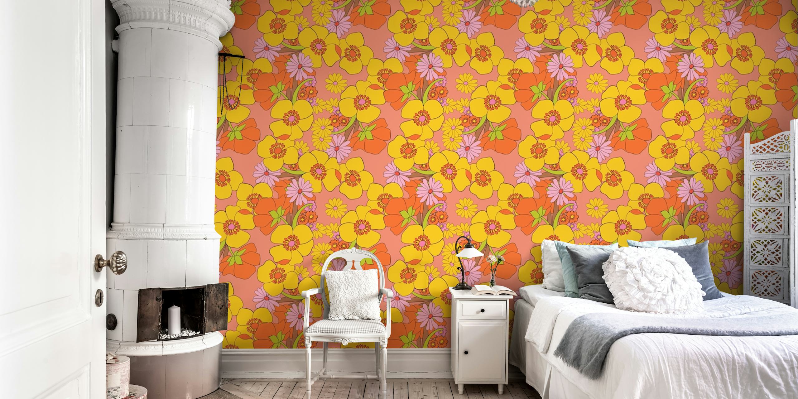 Vintage Floral 80s Pattern wallpaper in a room
