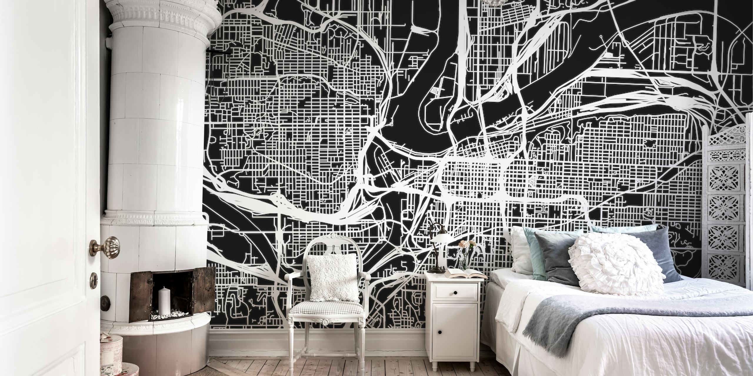 Monochrome Kansas map wall mural showing detailed street layout