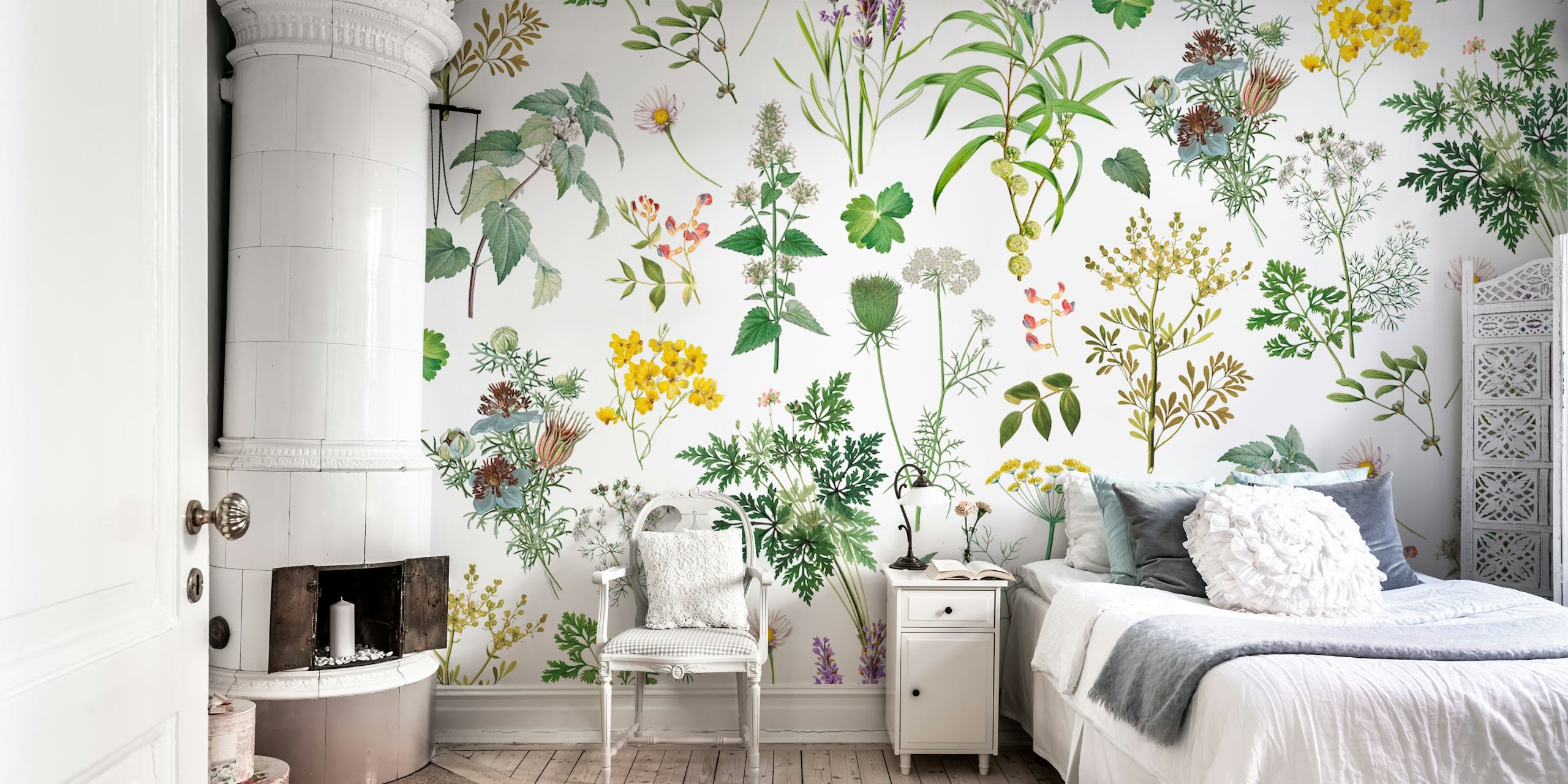 Herbs and wildflower wallpaper in a room