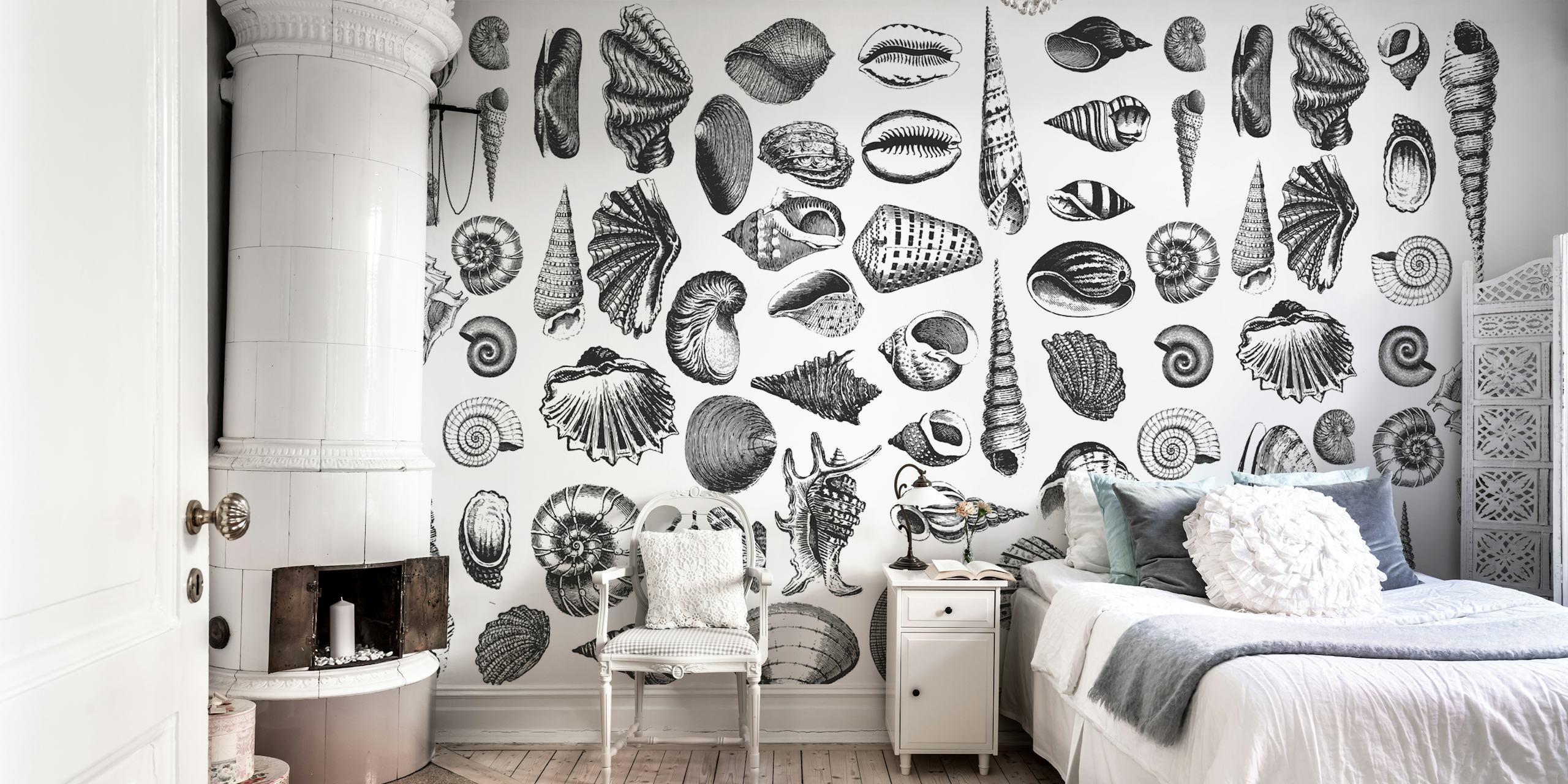 various seashells in black and white pattern wallpaper