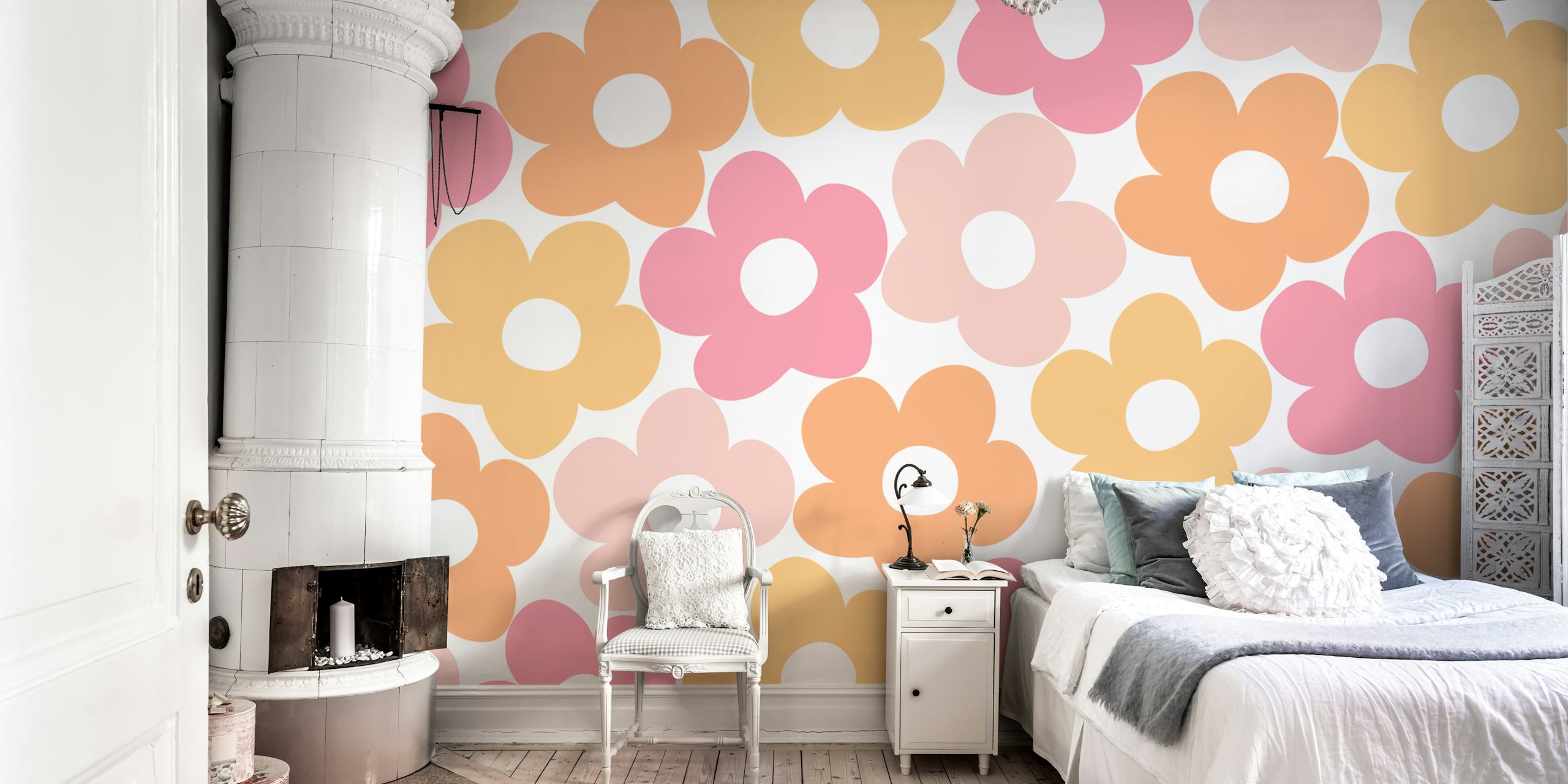 Un motivo di margherite stilizzate nei colori pesca, giallo e rosa su sfondo bianco, denominato Retro Summer Daisies 1.