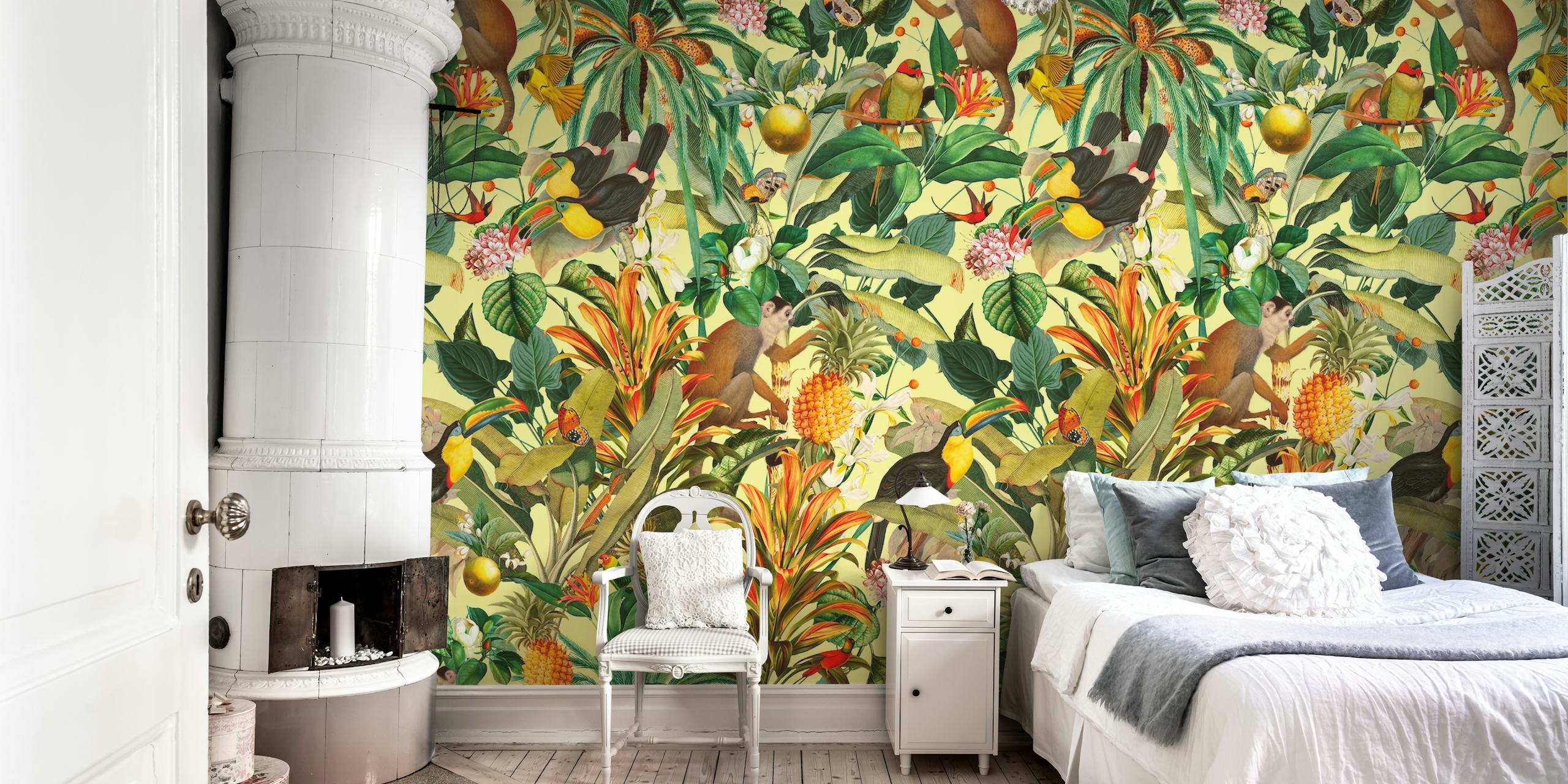 Tropical foliage, monkeys, and toucans in vibrant colors wallpaper