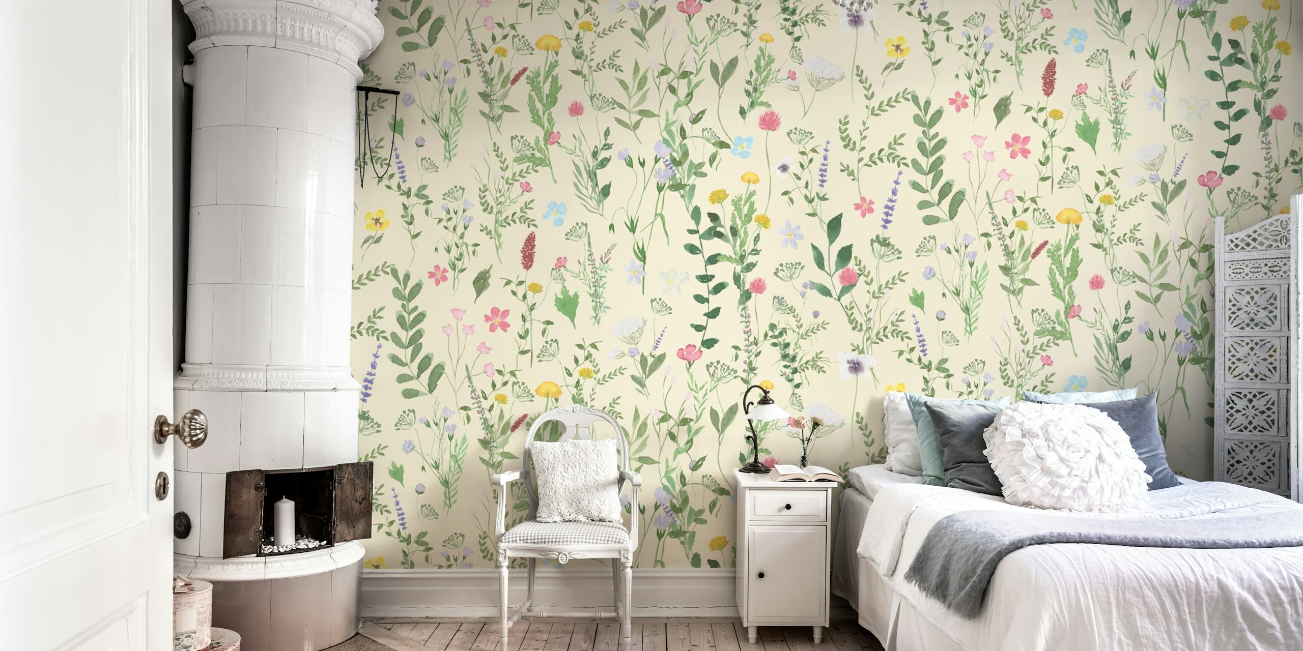 Colorful spring meadow flowers on pale background wallpaper