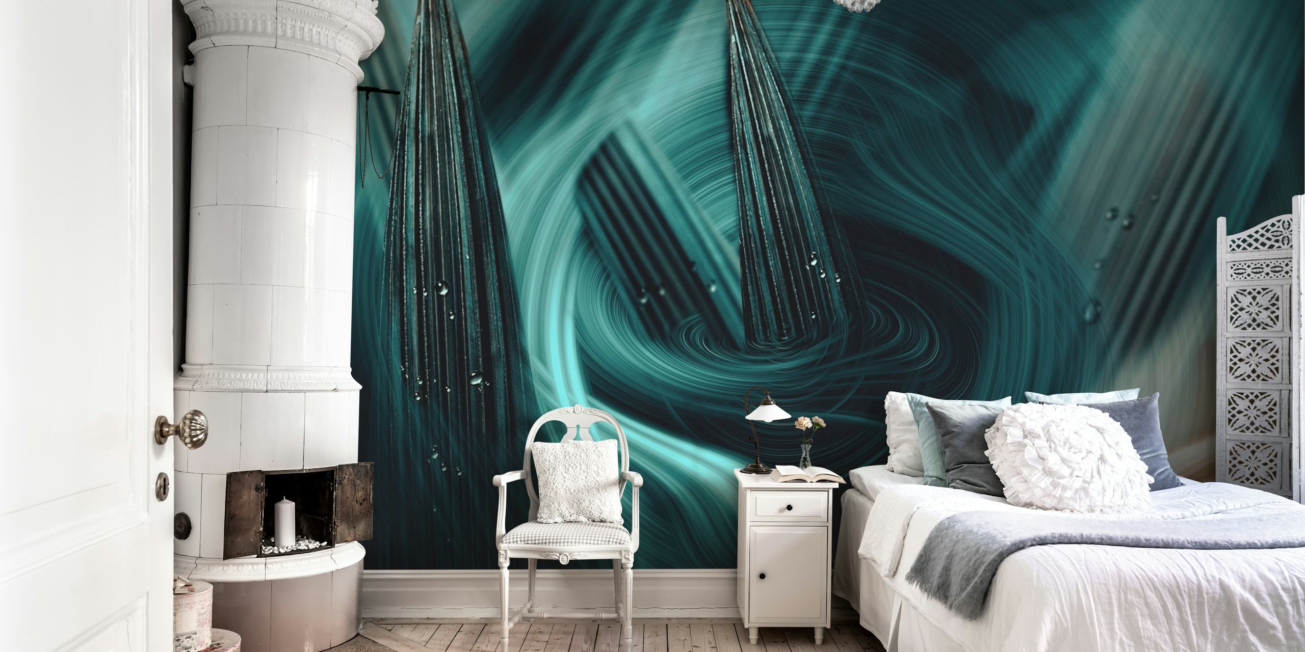 Abstract swirling design in teal and brown tones wallpaper