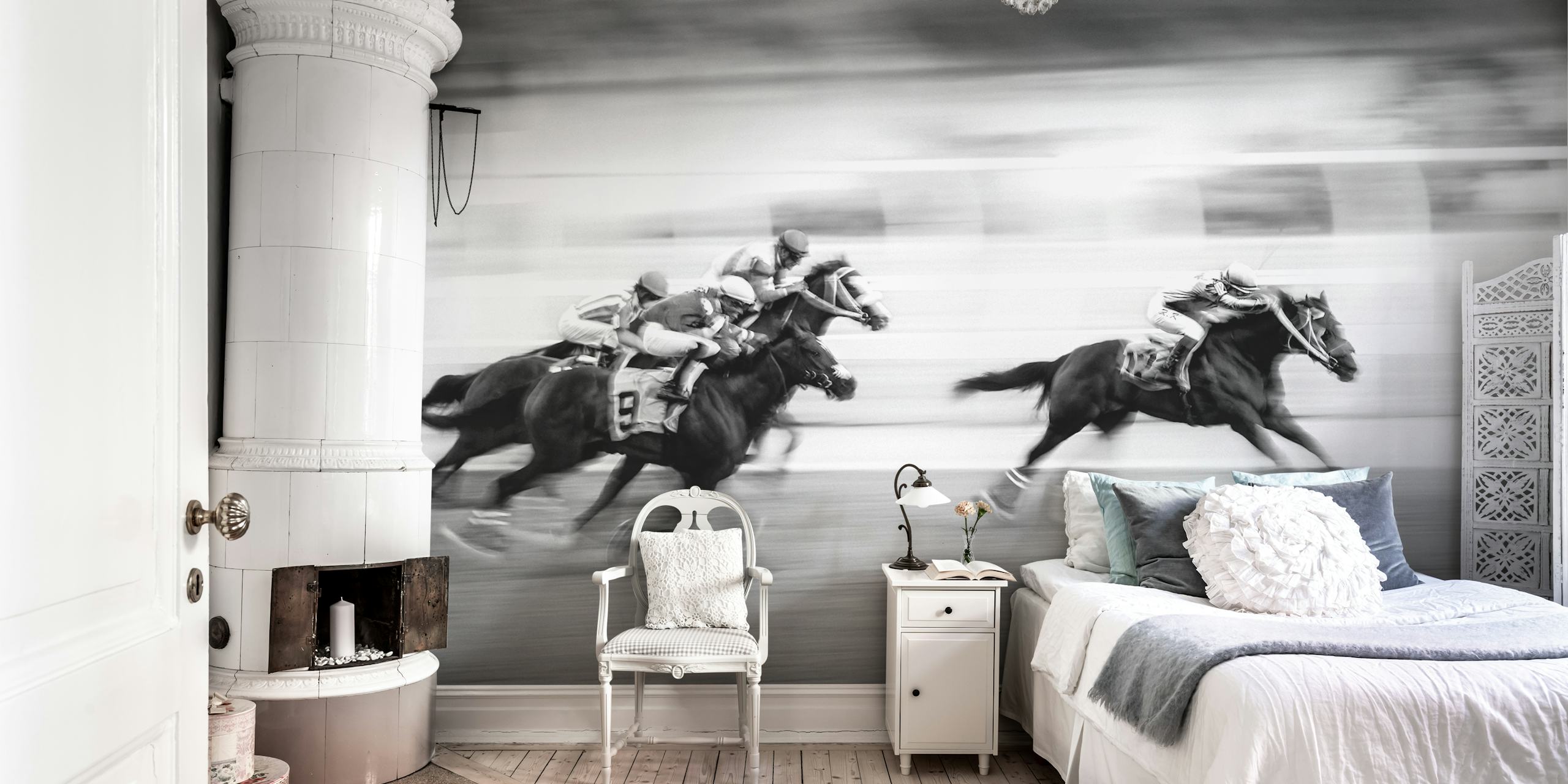 Black and white wallpaper depicting a horse race with blurred motion