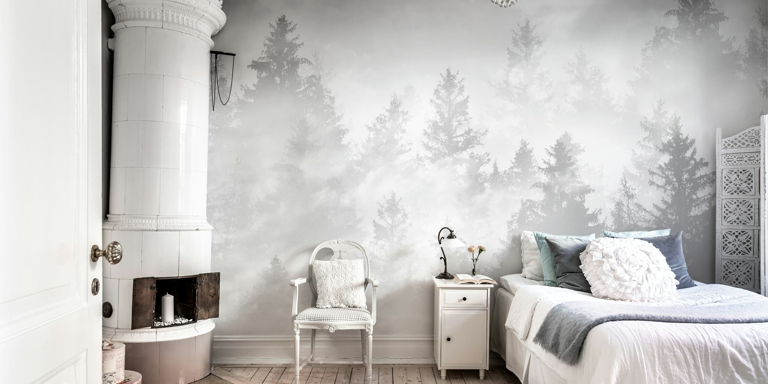 Faded gray forest landscape silhouette wallpaper