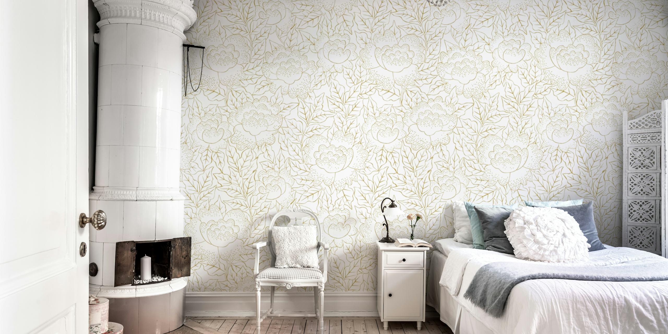 Stiliserad guldrosa mönster tapet från Happywall