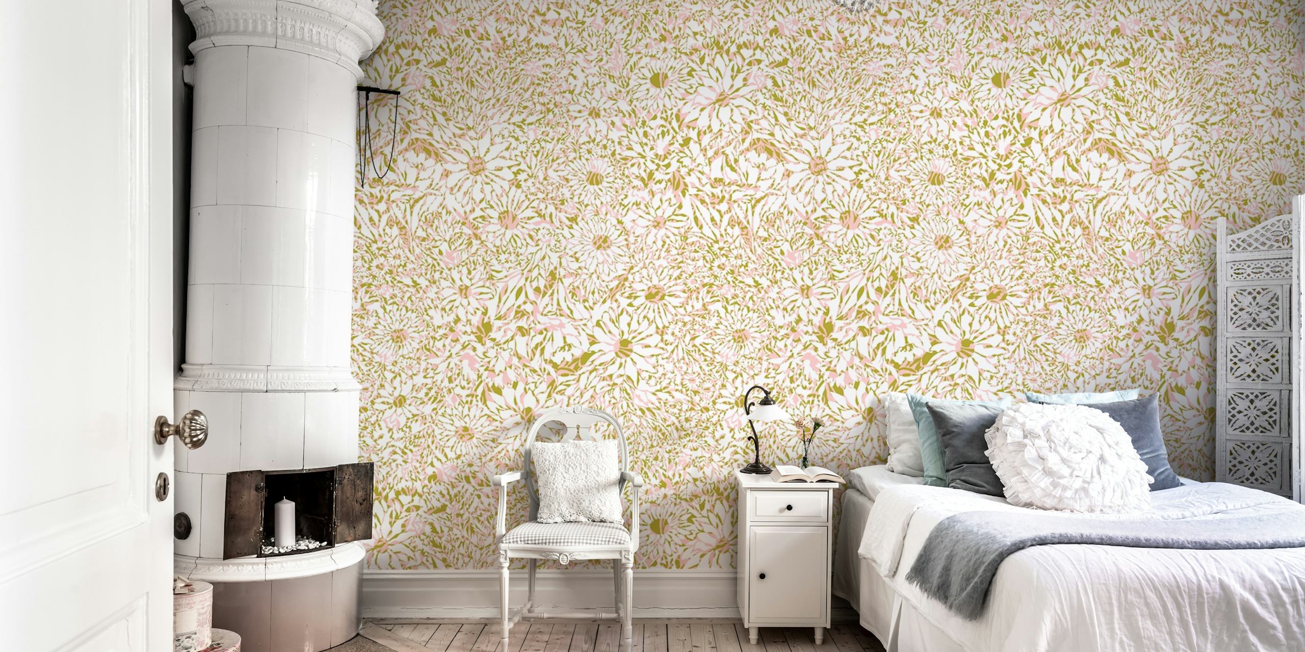 Linear Garden Olive Pink behang in een kamer