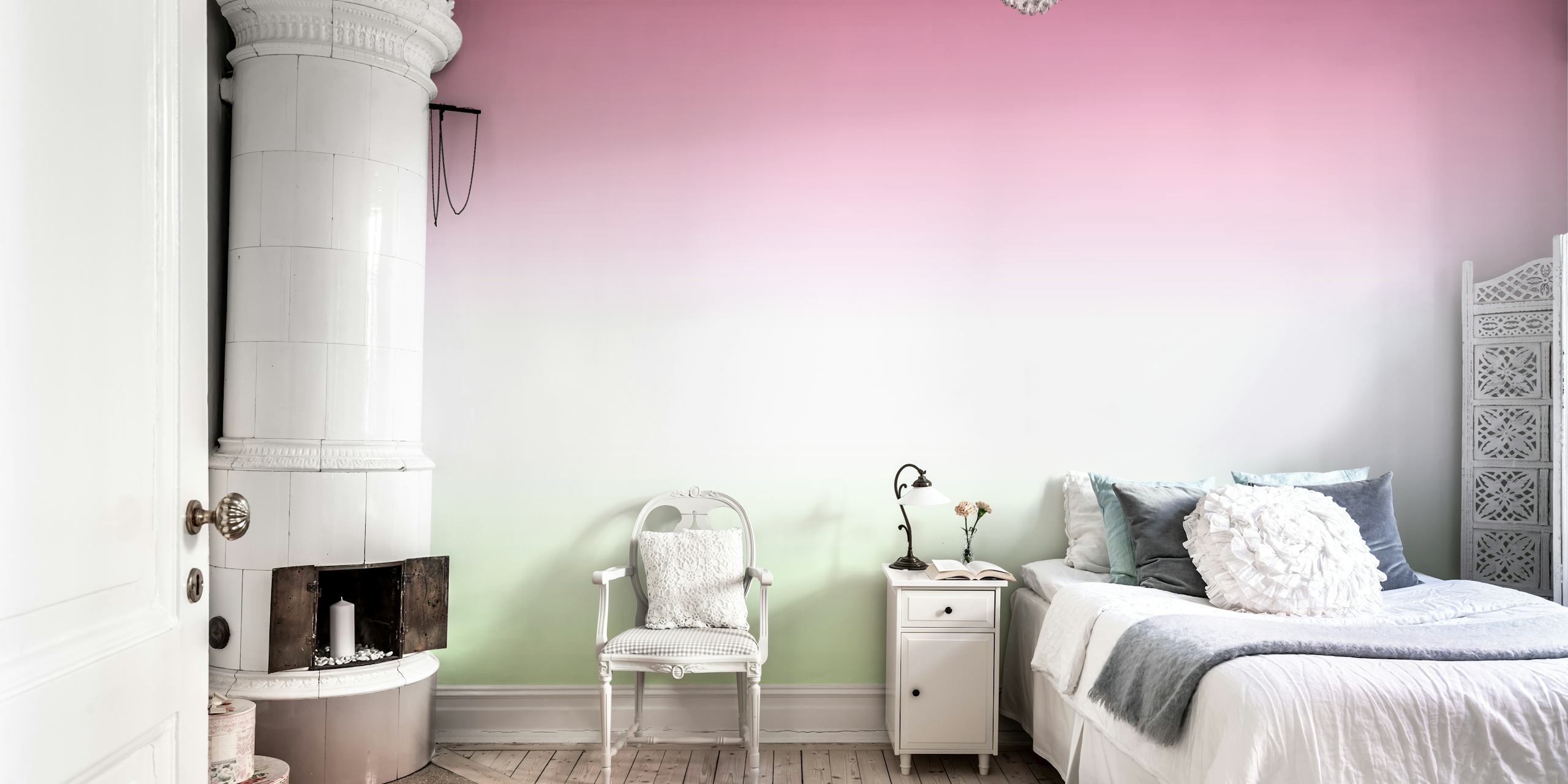 Green and pink ombre wallpaper in a room
