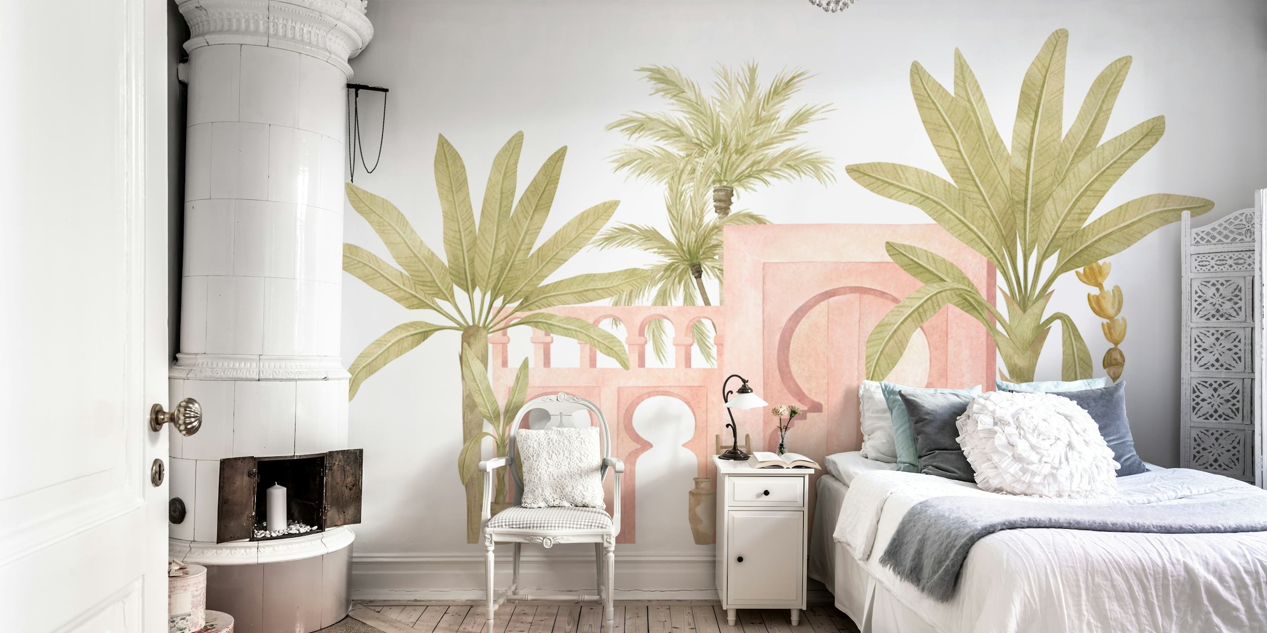 Pink arches and palm trees with green leaves wall mural